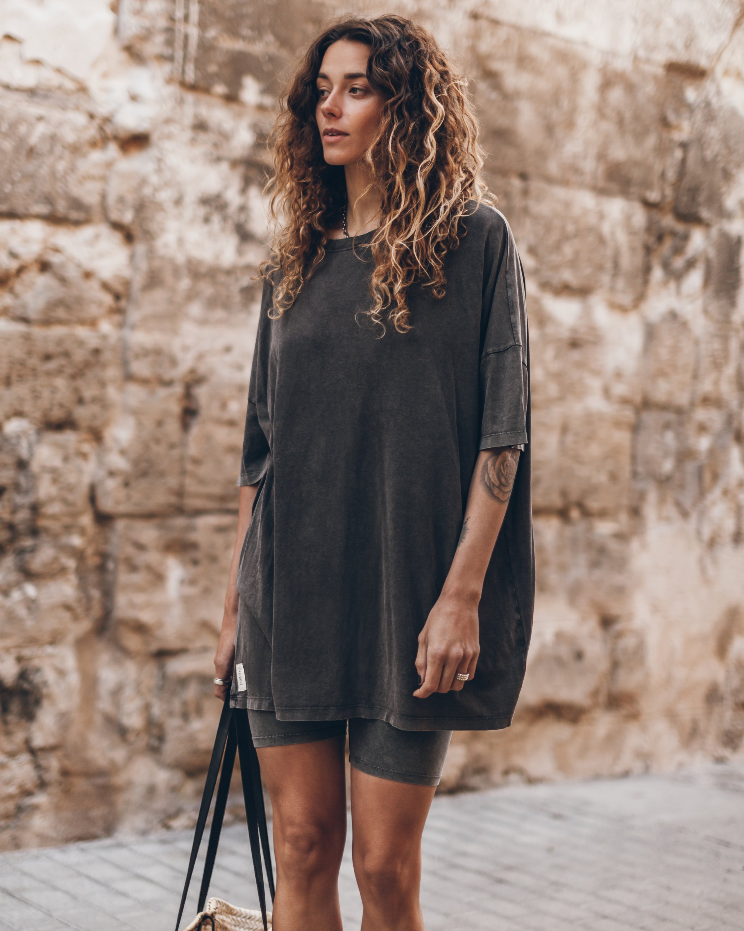 The Dark Faded Short Loose Shirt Dress The Dark Faded Base Biker Shorts The Black Leather Buckle ...