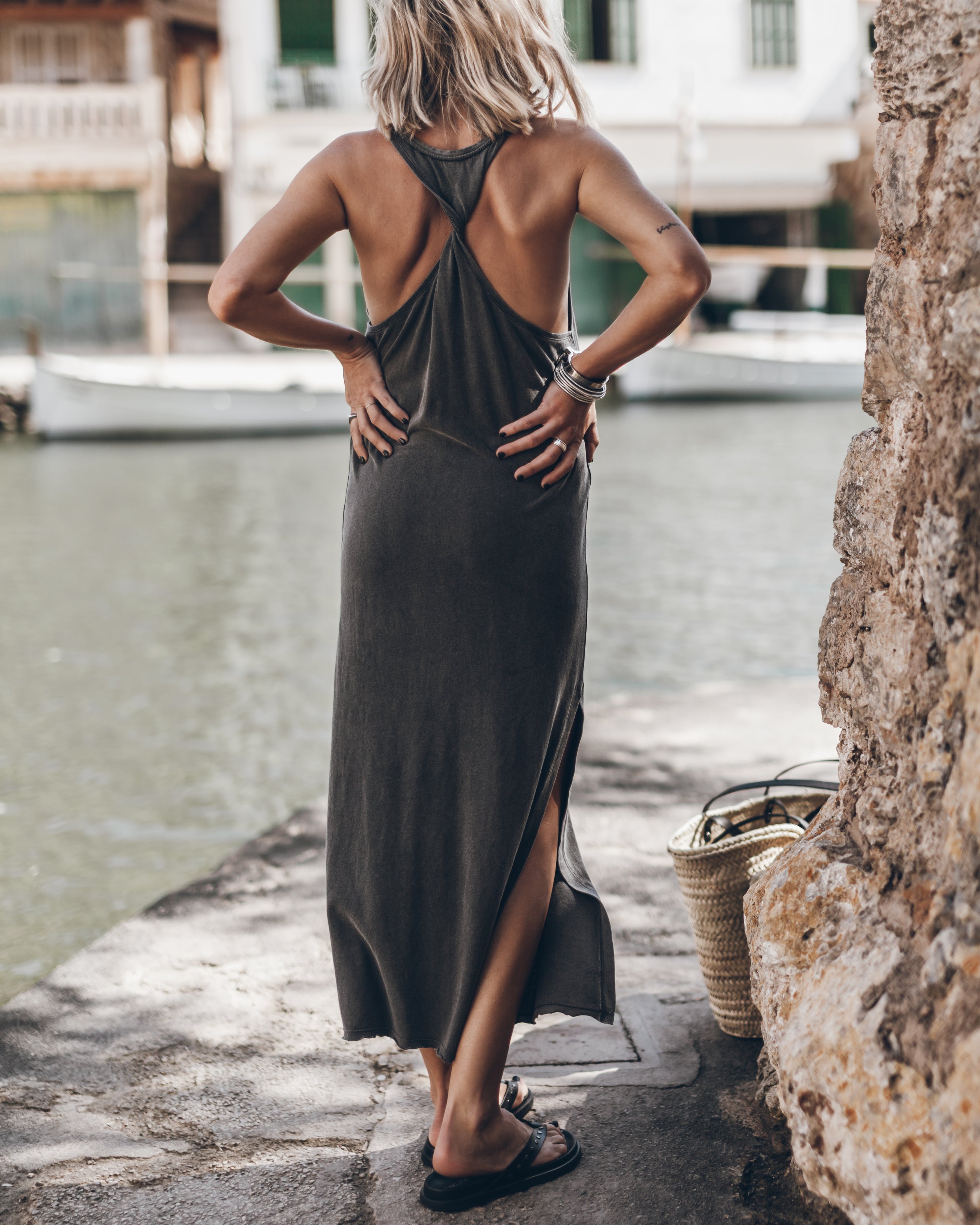 The Dark Faded Twisted Tank Dress The Black Studded Leather Sandals - Product photo