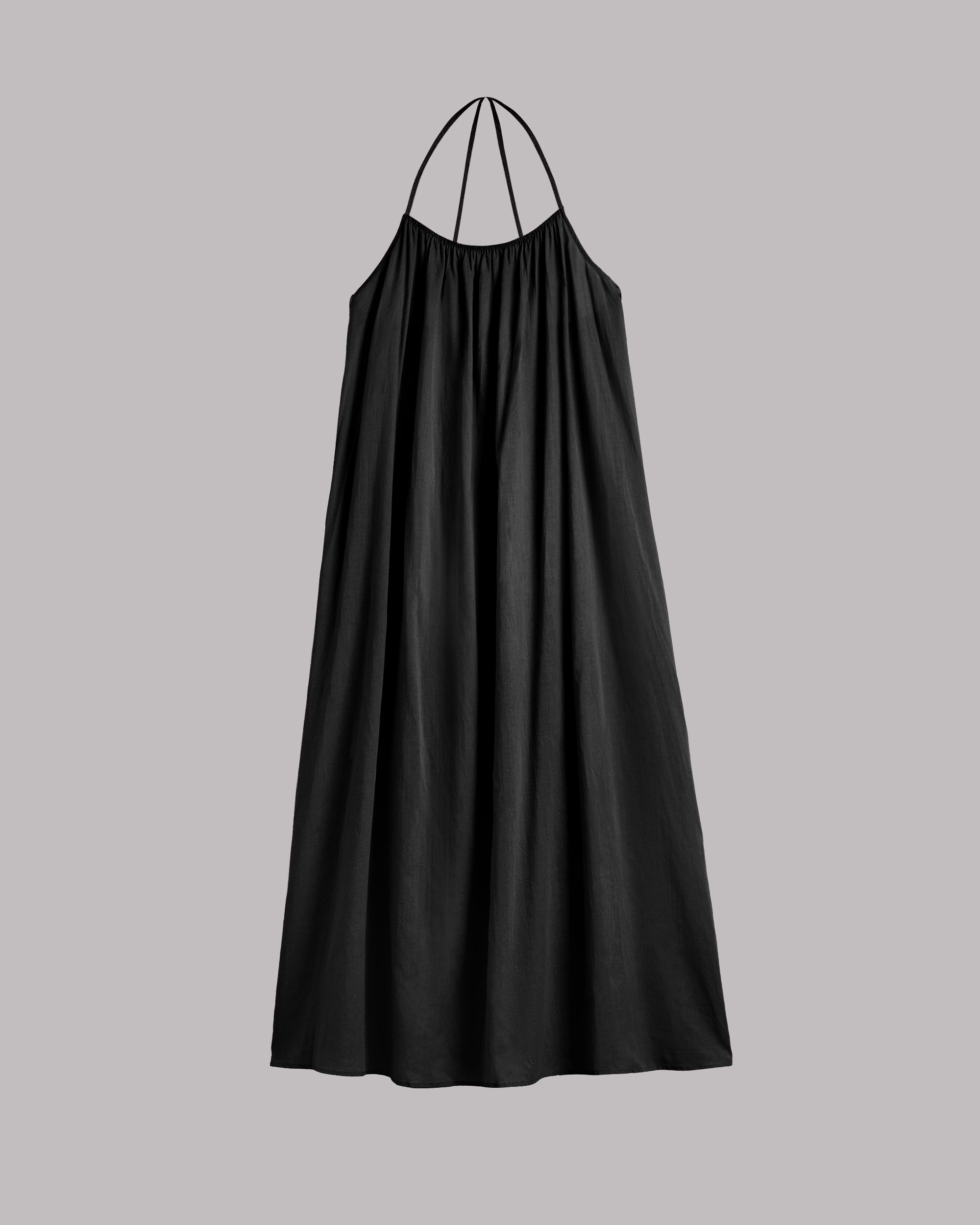 Black halter neck dress on a gray background