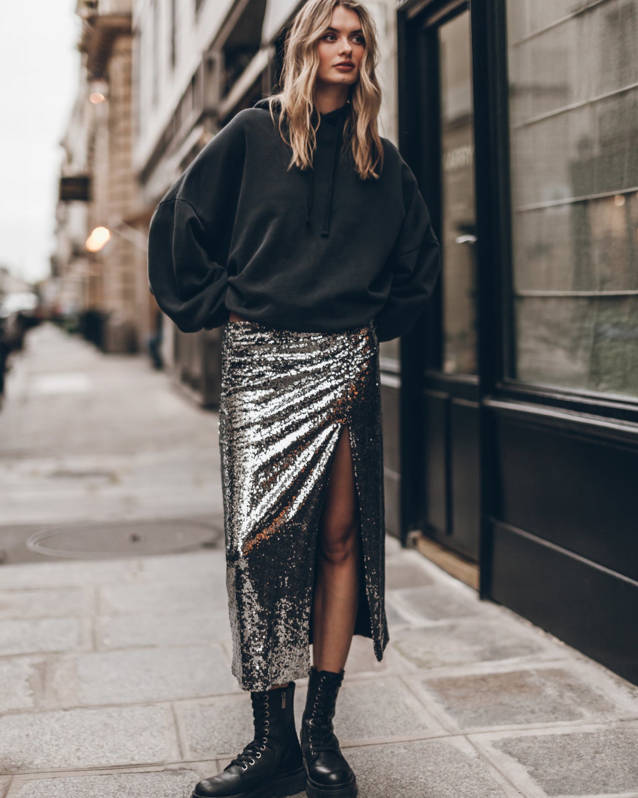 The Dark Long Slit Sequin Skirt