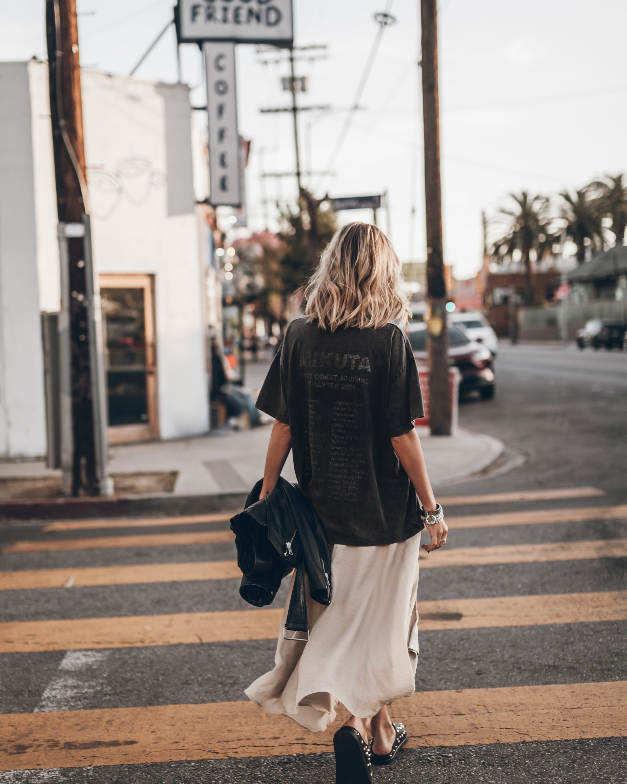 The Ecru Chill Skirt The Dark Oversized Shirt The Studded Leather Mules Los Angeles California Ja...