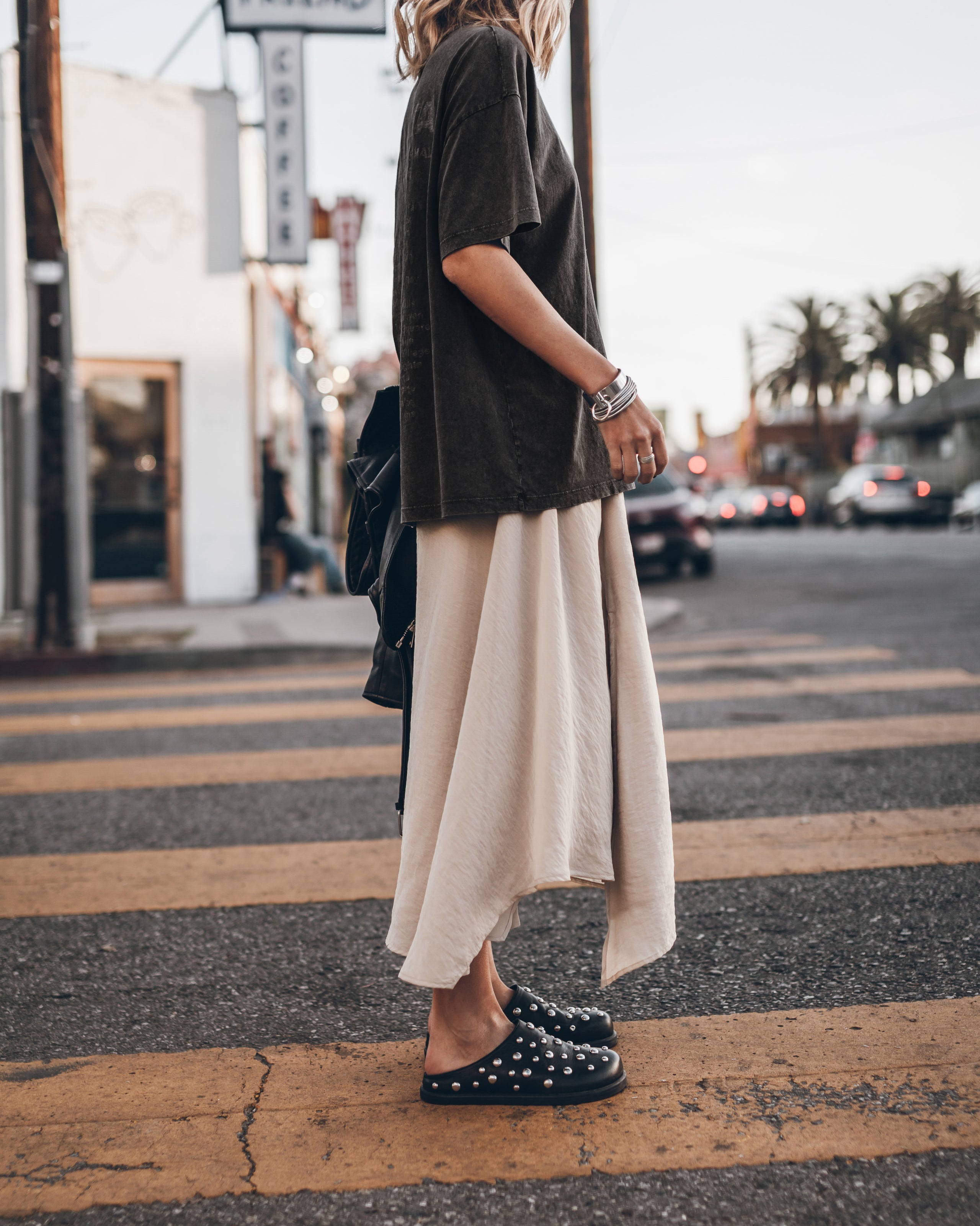 The Ecru Chill Skirt The Dark Oversized Shirt The Studded Leather Mules Los Angeles California Ja...