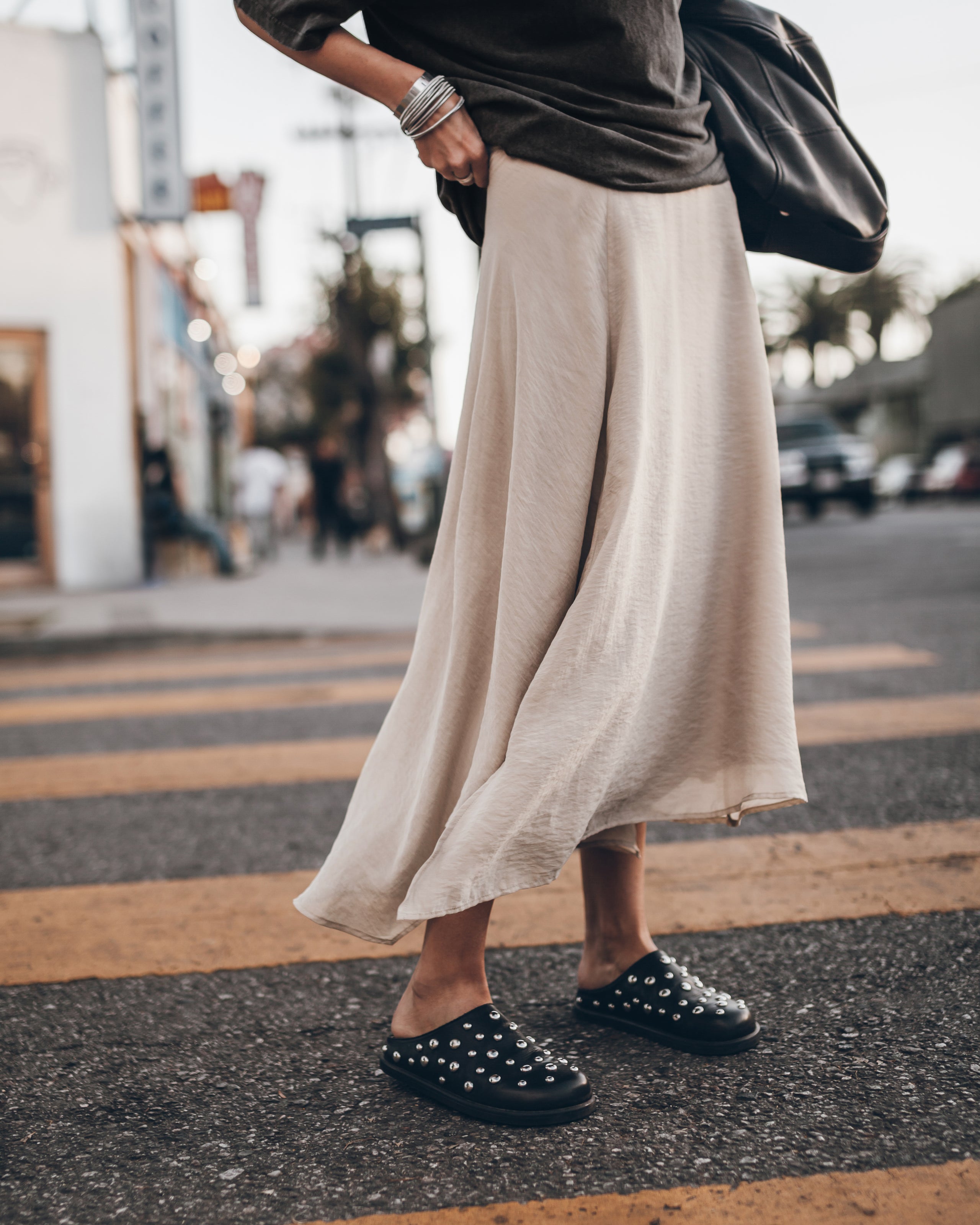 The Ecru Chill Skirt The Dark Oversized Shirt The Studded Leather Mules Los Angeles California Ja...
