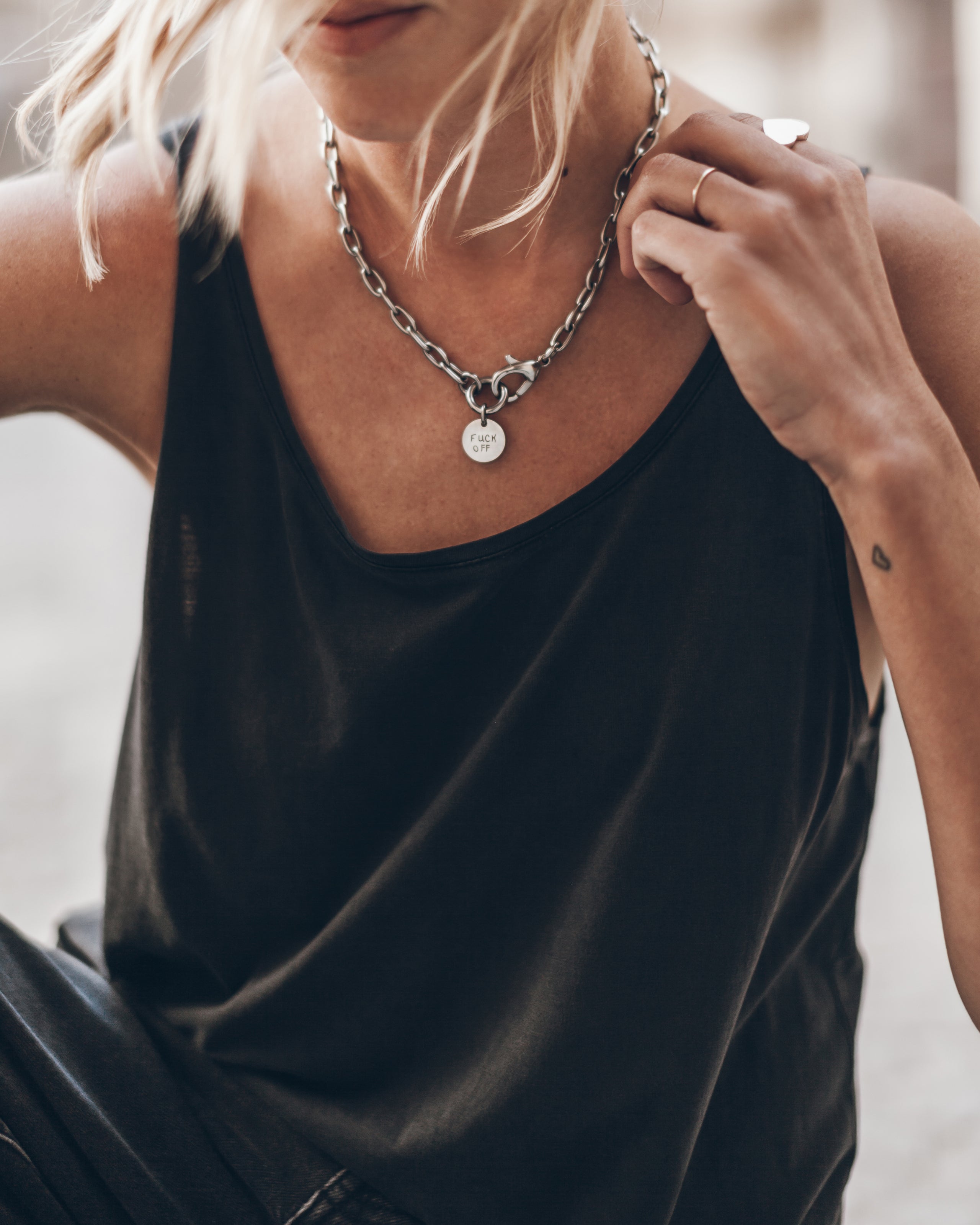 F* Off necklace styled with dark tank and black jeans - edgy look