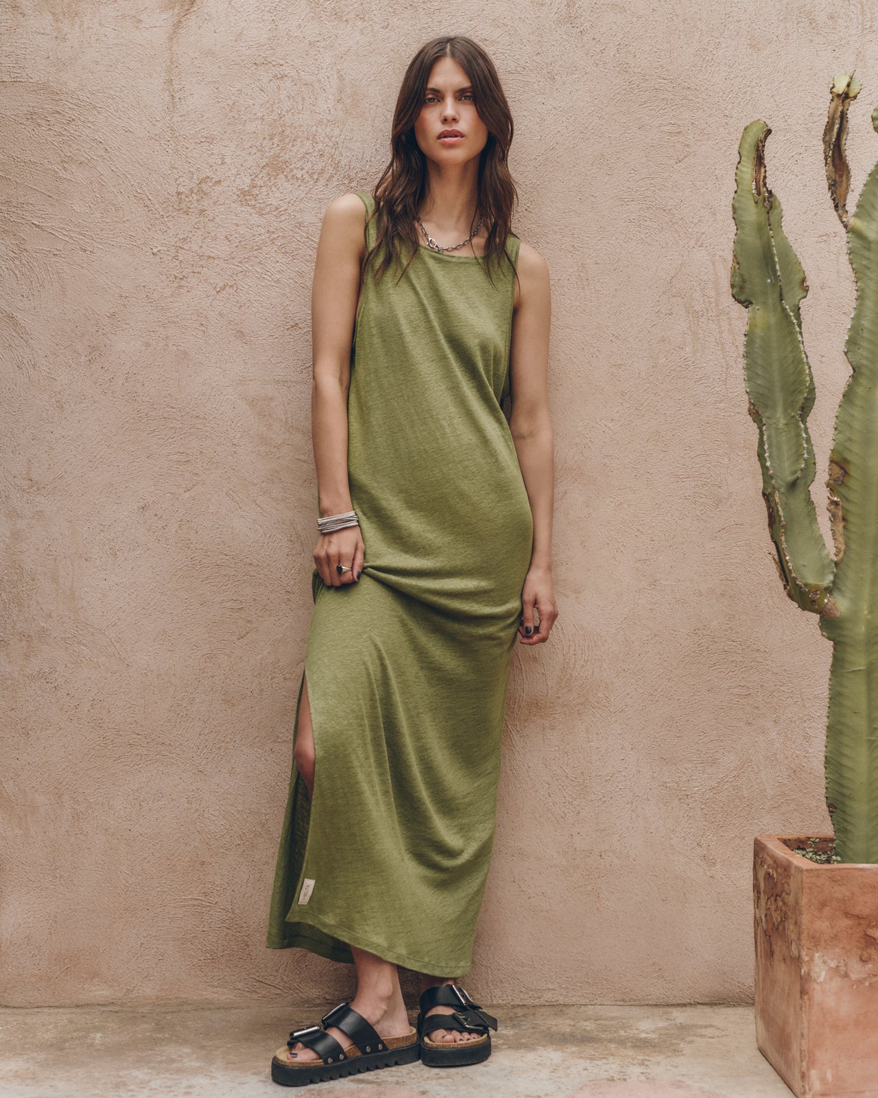 The Green Low Back Linen Tank Dress