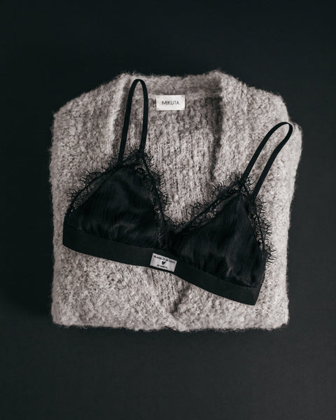 The Grey Alpaca Cardigan The Black Crinkle Bralette Product Shot - Product photo