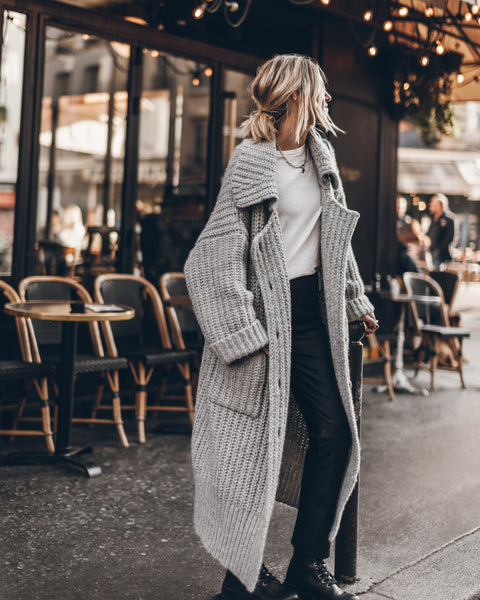 Beige knitted cardigan with vintage tee and leather pants - Paris FW25