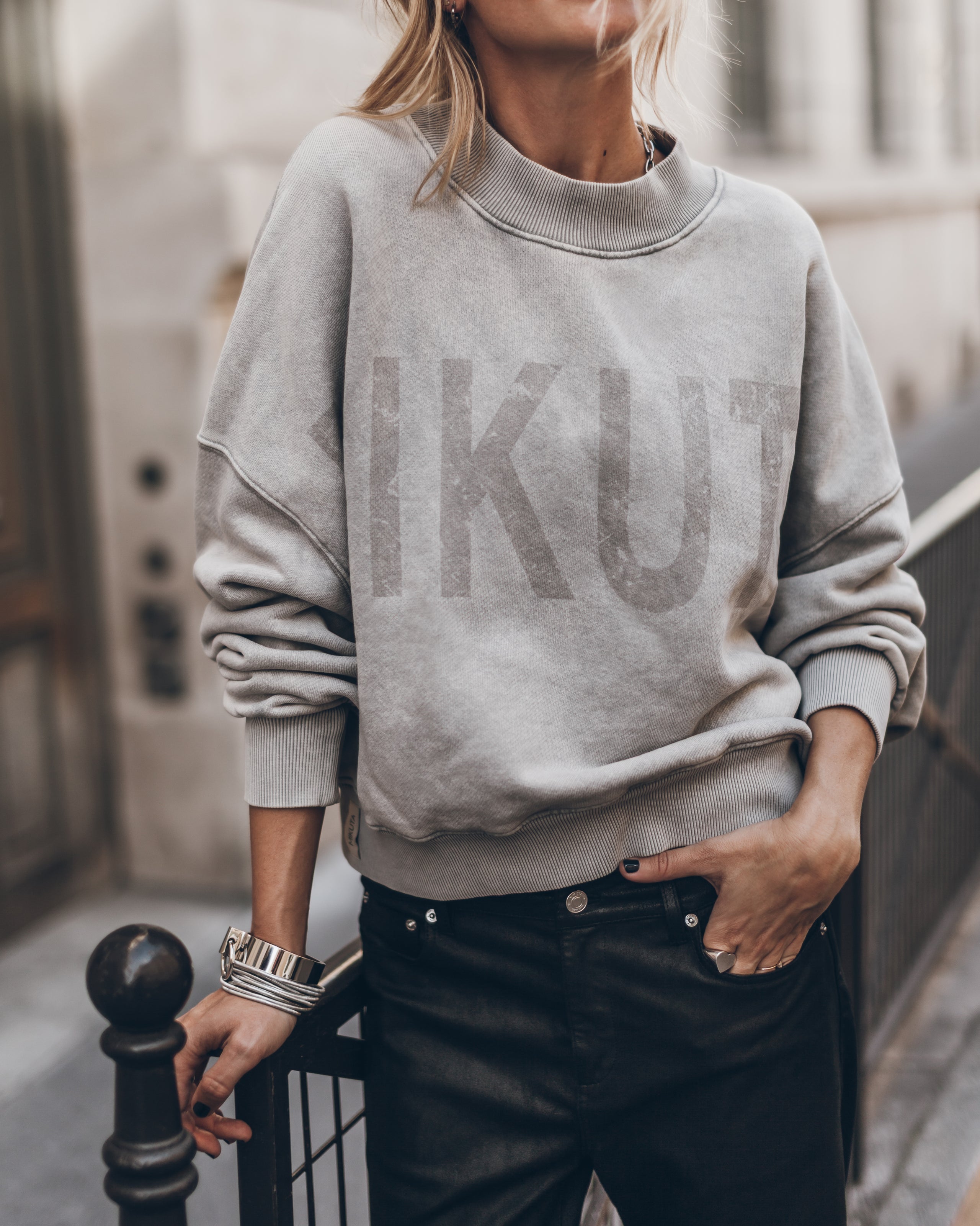 Cream MIKUTA sweater with straight leather pants - minimalist outfit