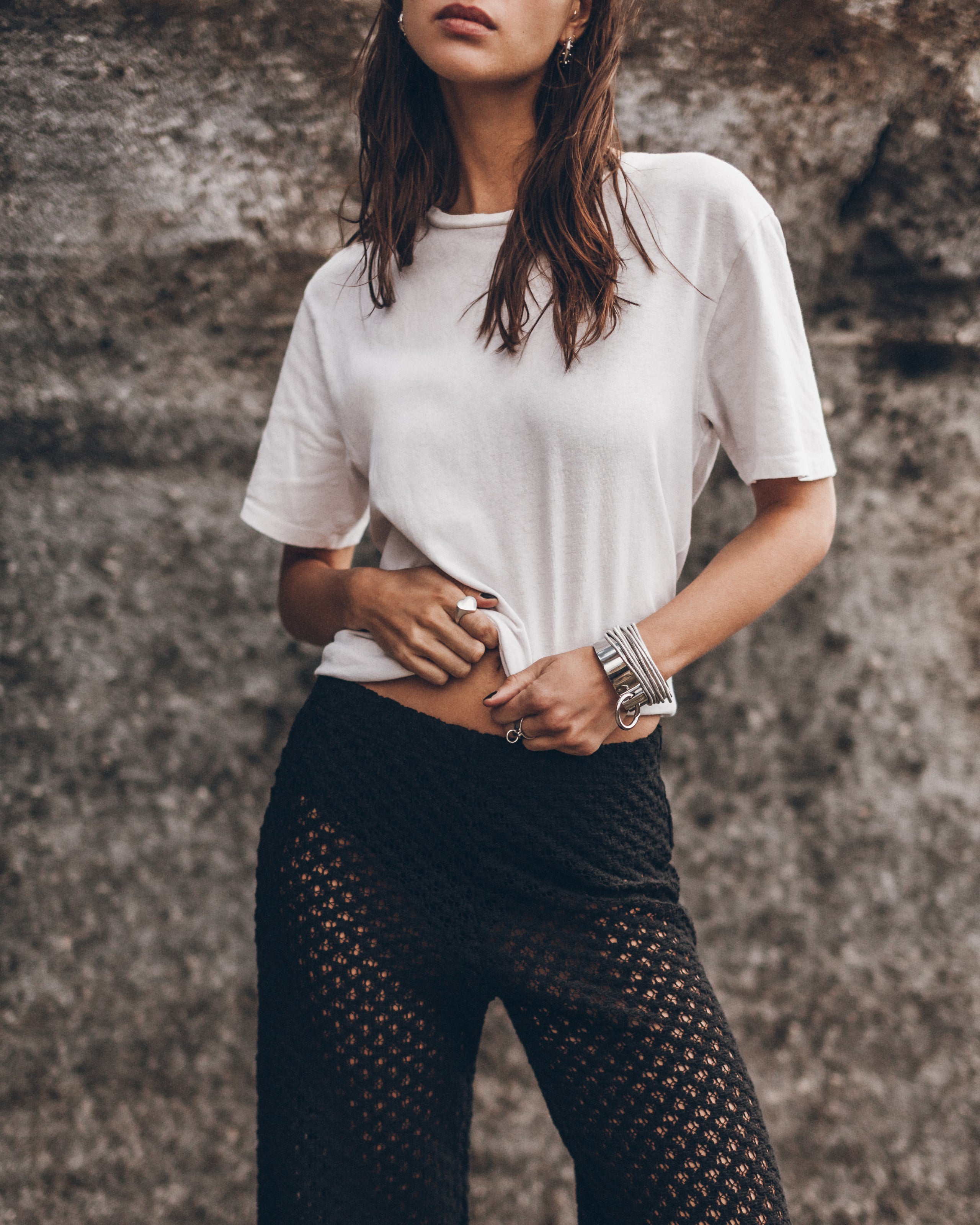 The Off White Dry Cotton Vintage Shirt The Black Crochet Pants The Cuff Ring The Cuff The Bangles...
