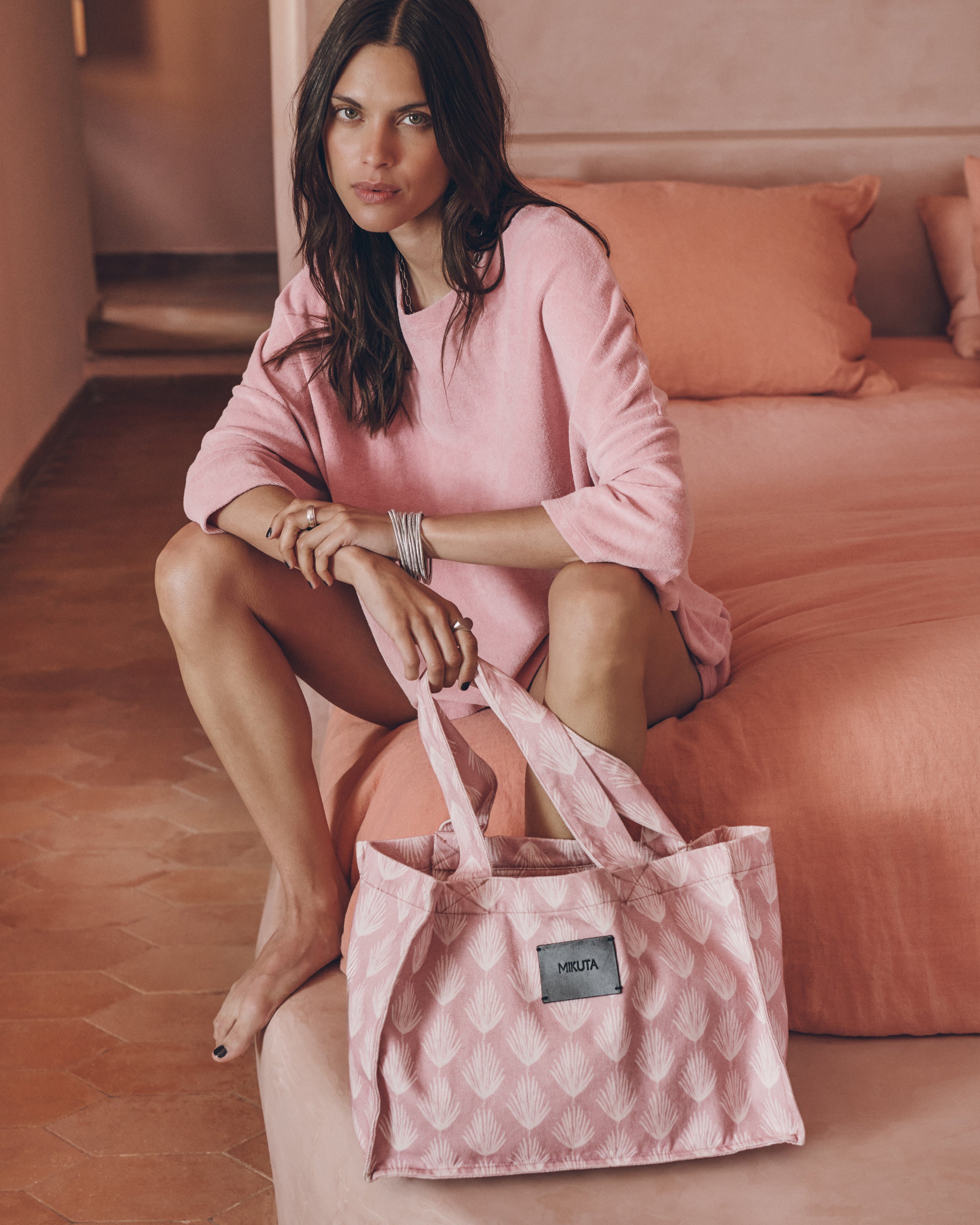 The Pink Printed Small Canvas Bag The Pink Toweling Shirt The Pink Toweling Co Ord Shorts - Produ...