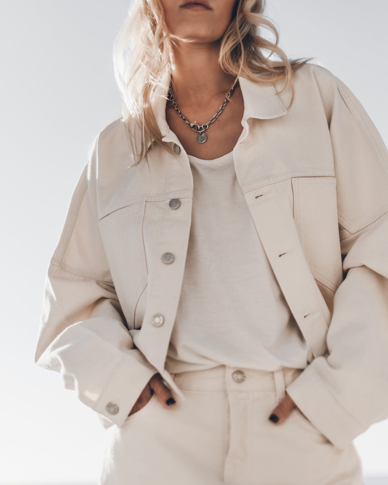 White Cropped Denim Jacket White Denim Skirt White Base Tank Top - Product photo