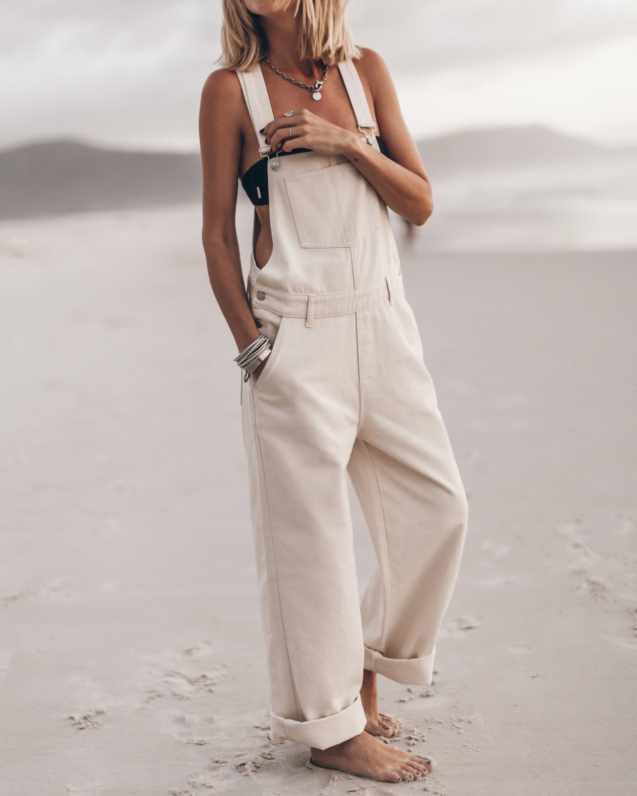 White Dungarees Black Ribbed Tube Top - Product photo