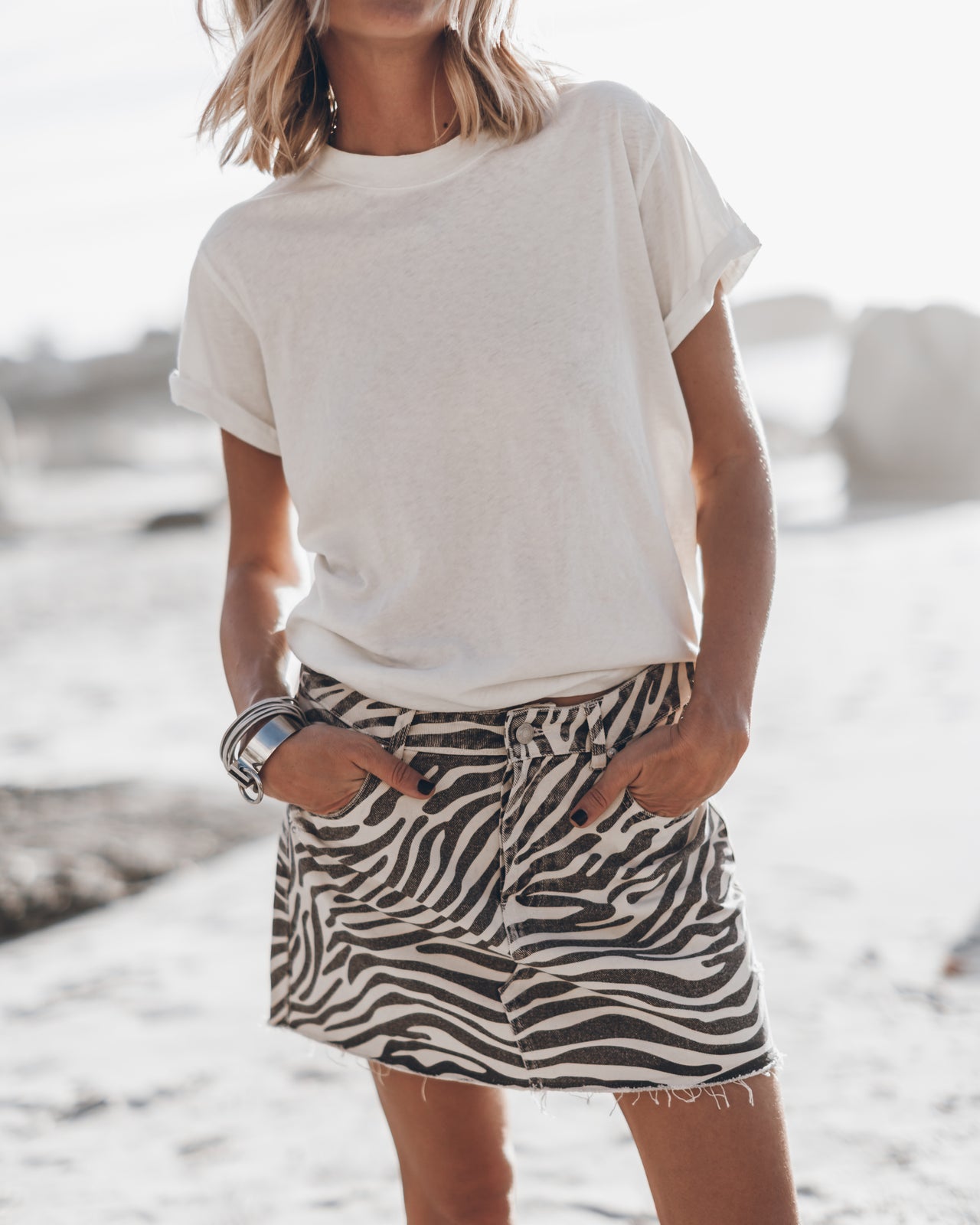 White Regular Cotton Shirt Zebra Denim Skirt - Product photo