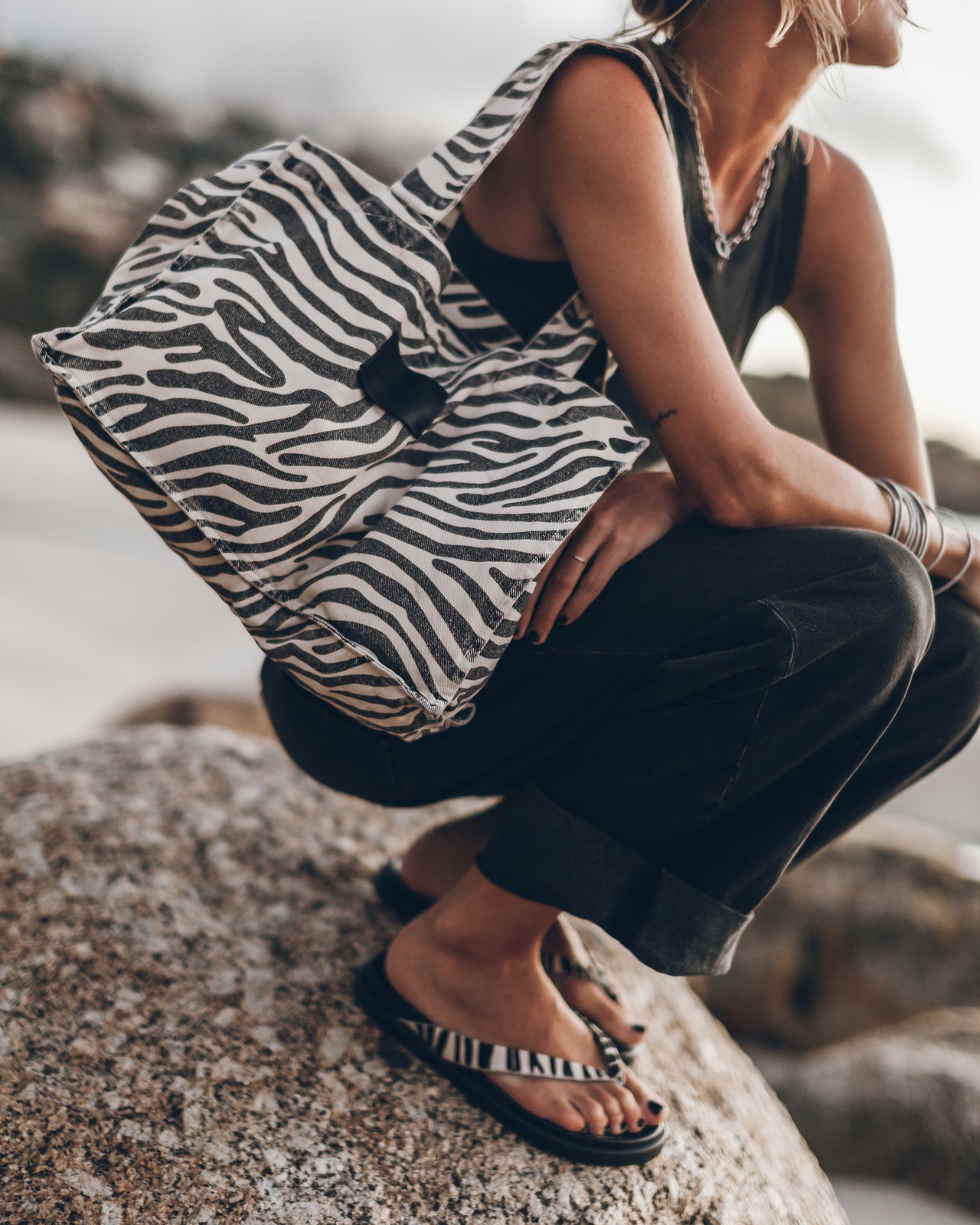 Zebra Small Canvas Bag Black Baggy Jeans Dark Standard Tank Top Zebra Leather Sandals - Product p...