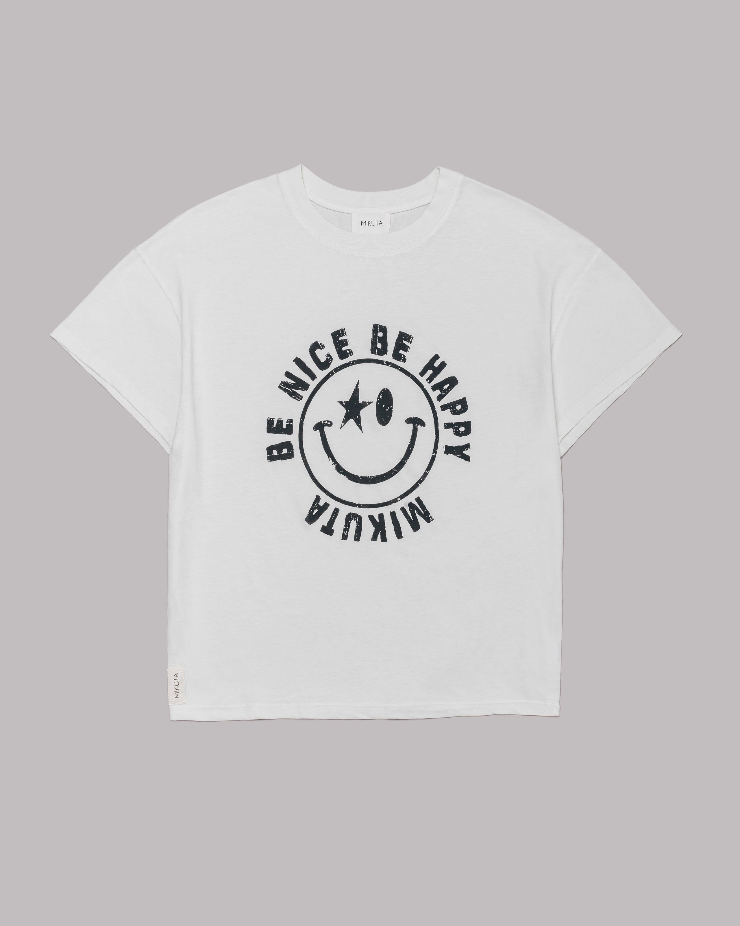 White short-sleeve T-shirt with black circular smiley face and "Be Nice Be Happy MIKKITA" text design.