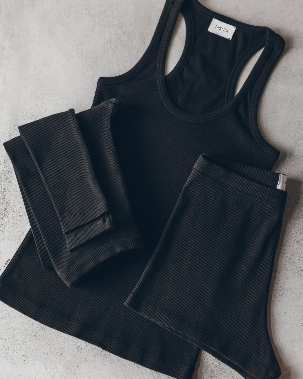 Black Ribbed Tank Top Black Ribbed Shorts Black Ribbed Leggings - Product photo