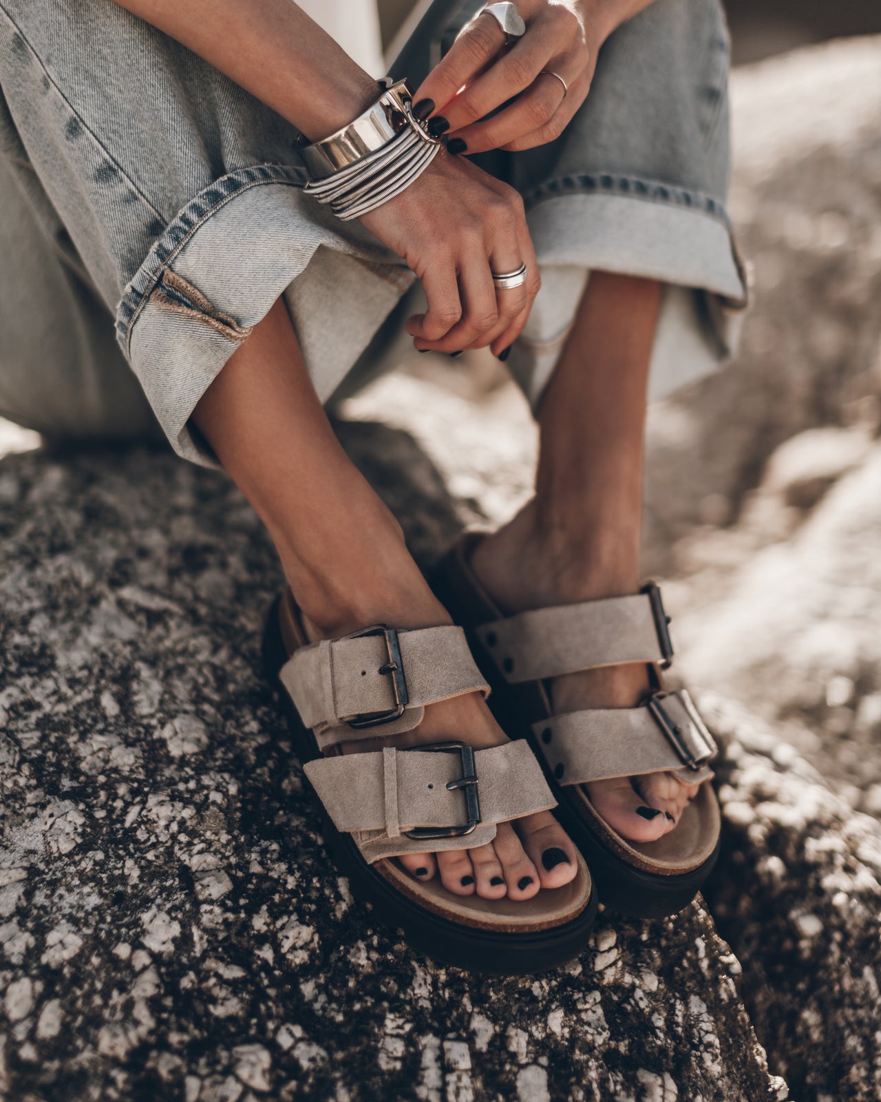 The Beige Suede Buckle Sandals