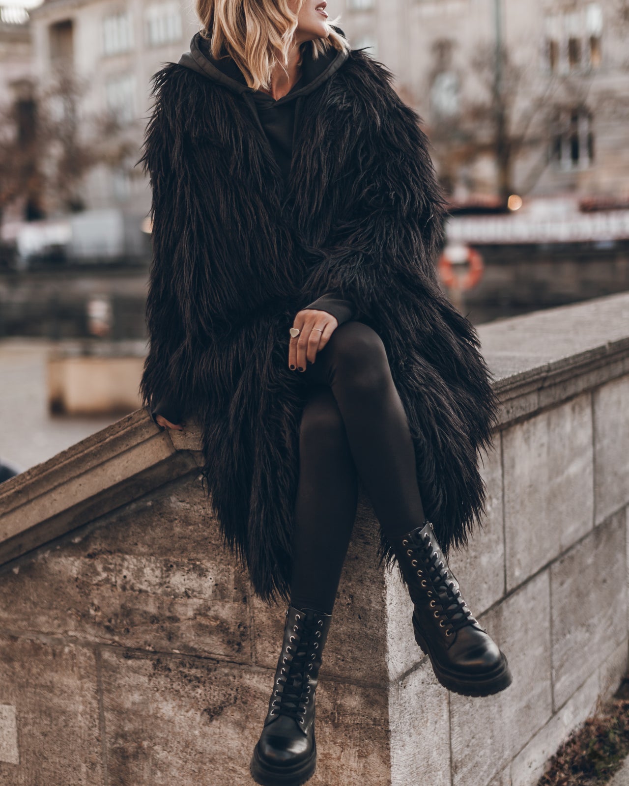 Black Fluffy Coat Dark Relaxed Hoodie Black Standard Leggings Black Laced Leather Boots - Product...