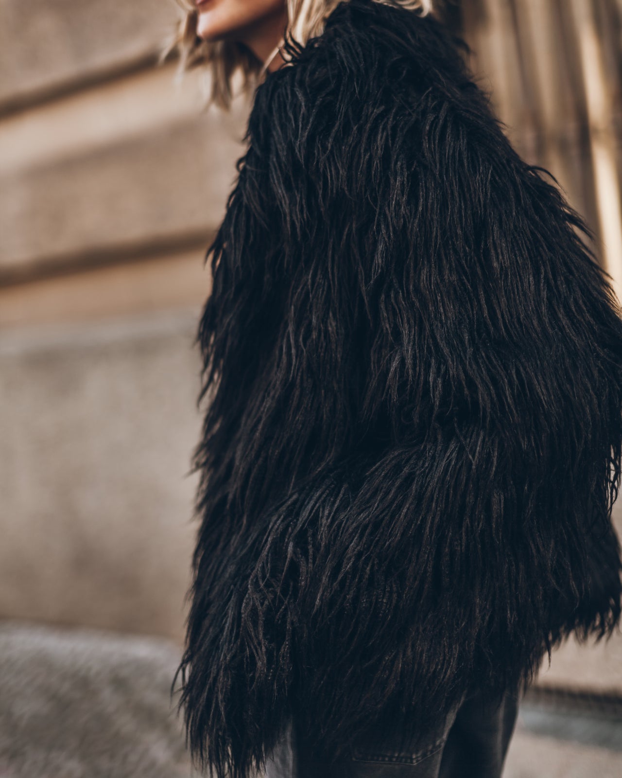 Black Fluffy Jacket Black Loose Jeans - Product photo