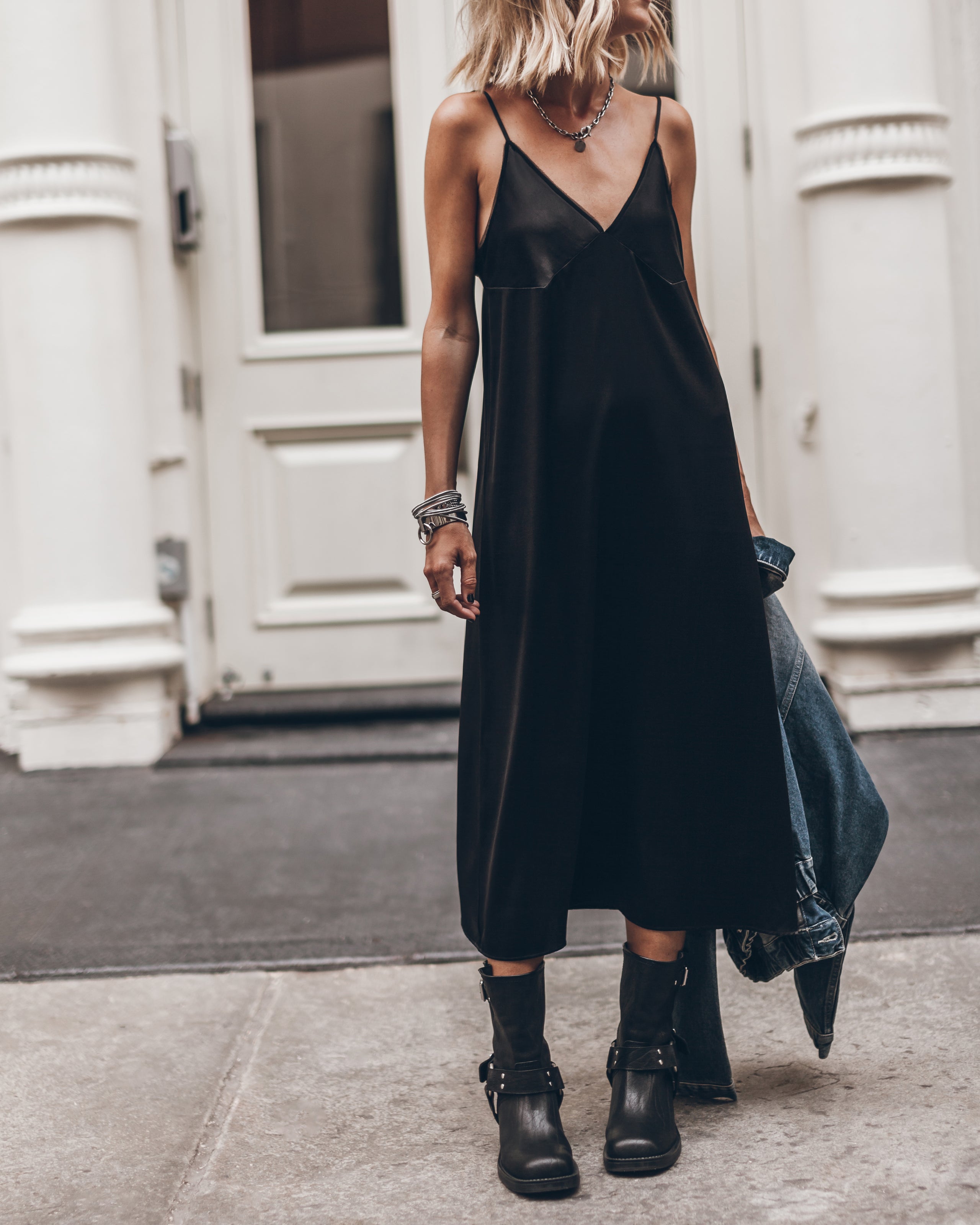 The Black Long Silk Slip Dress