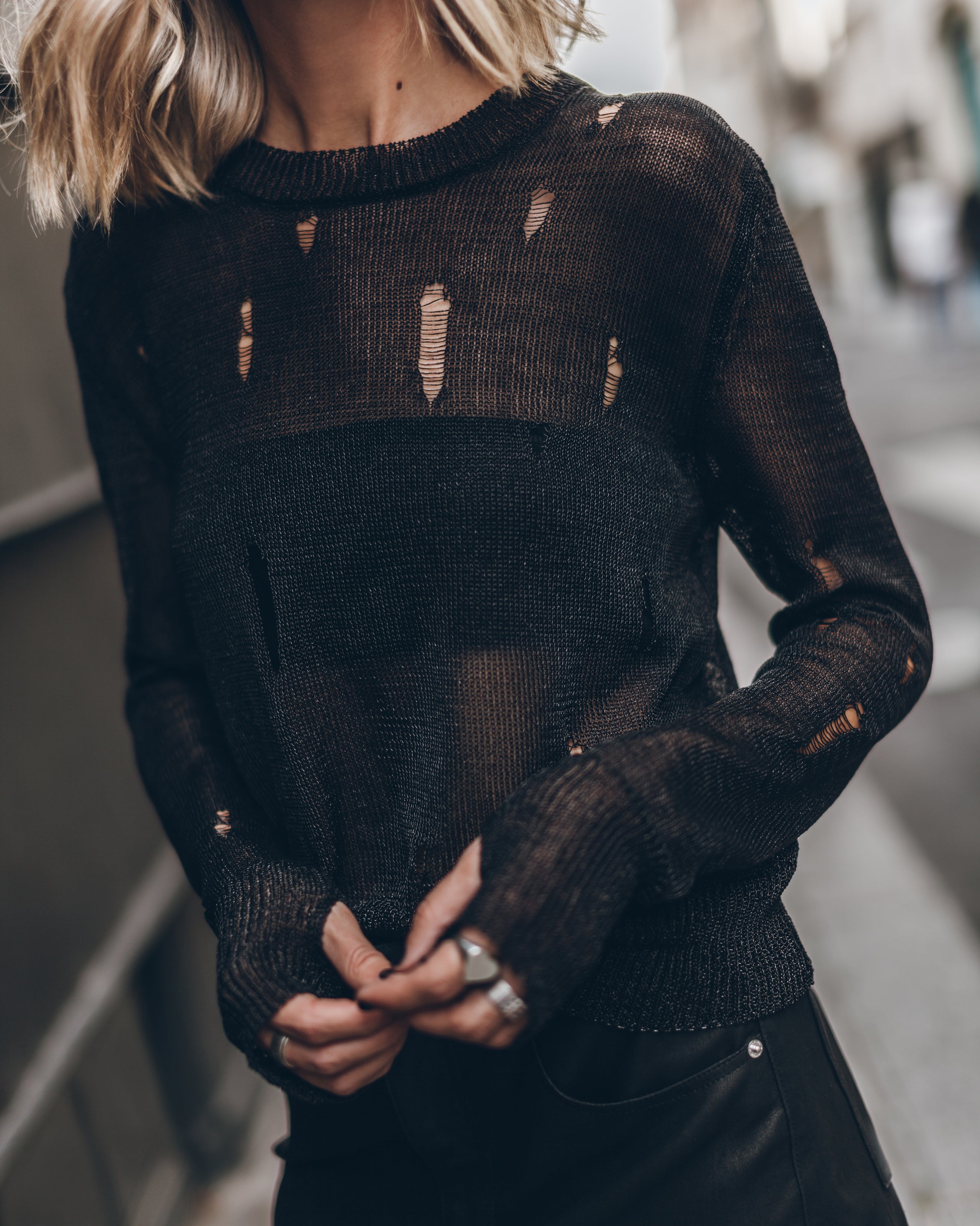 The Black Metallic Distressed Knitted Sweater