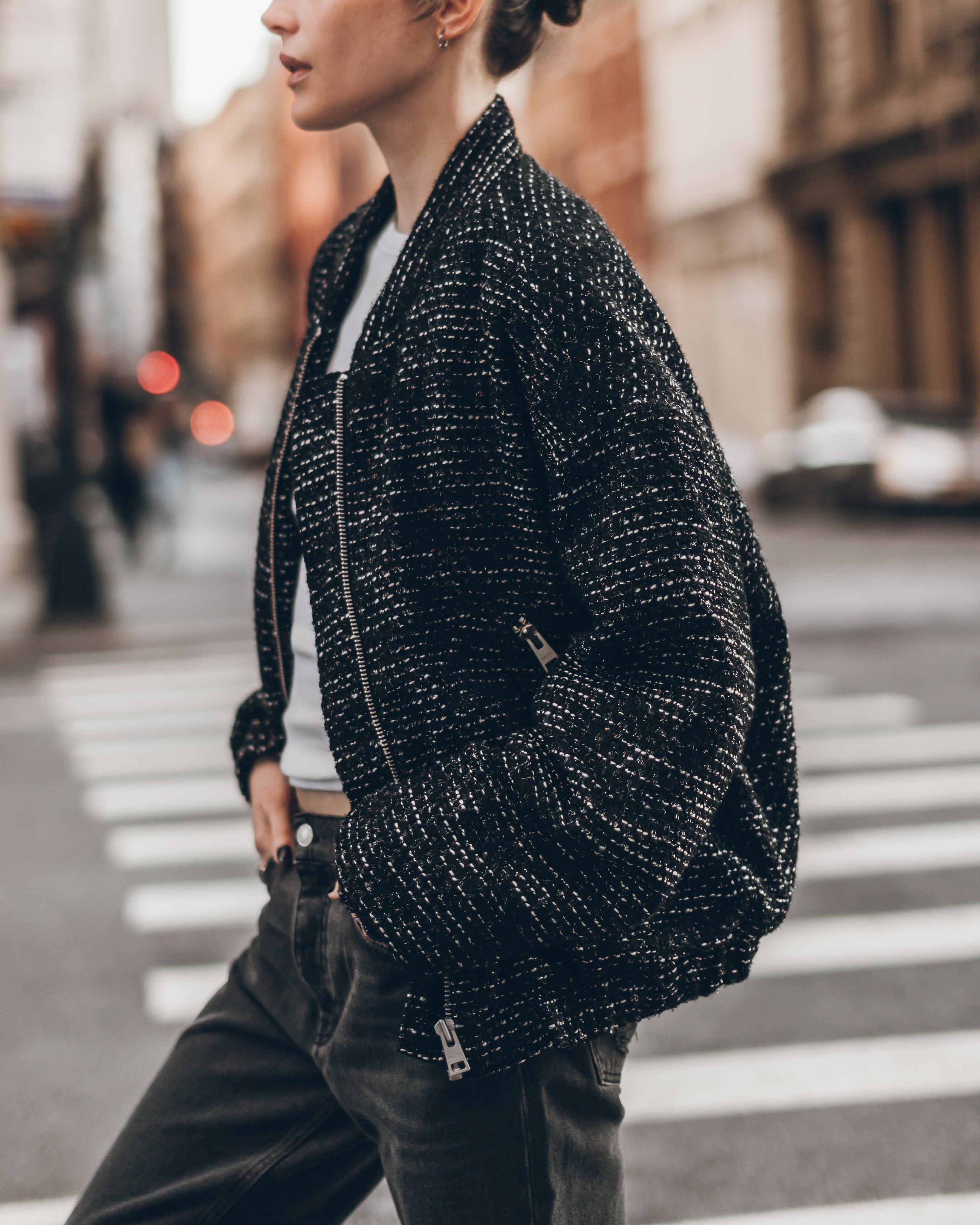 The Black Sparkly Tweed Bomber Jacket