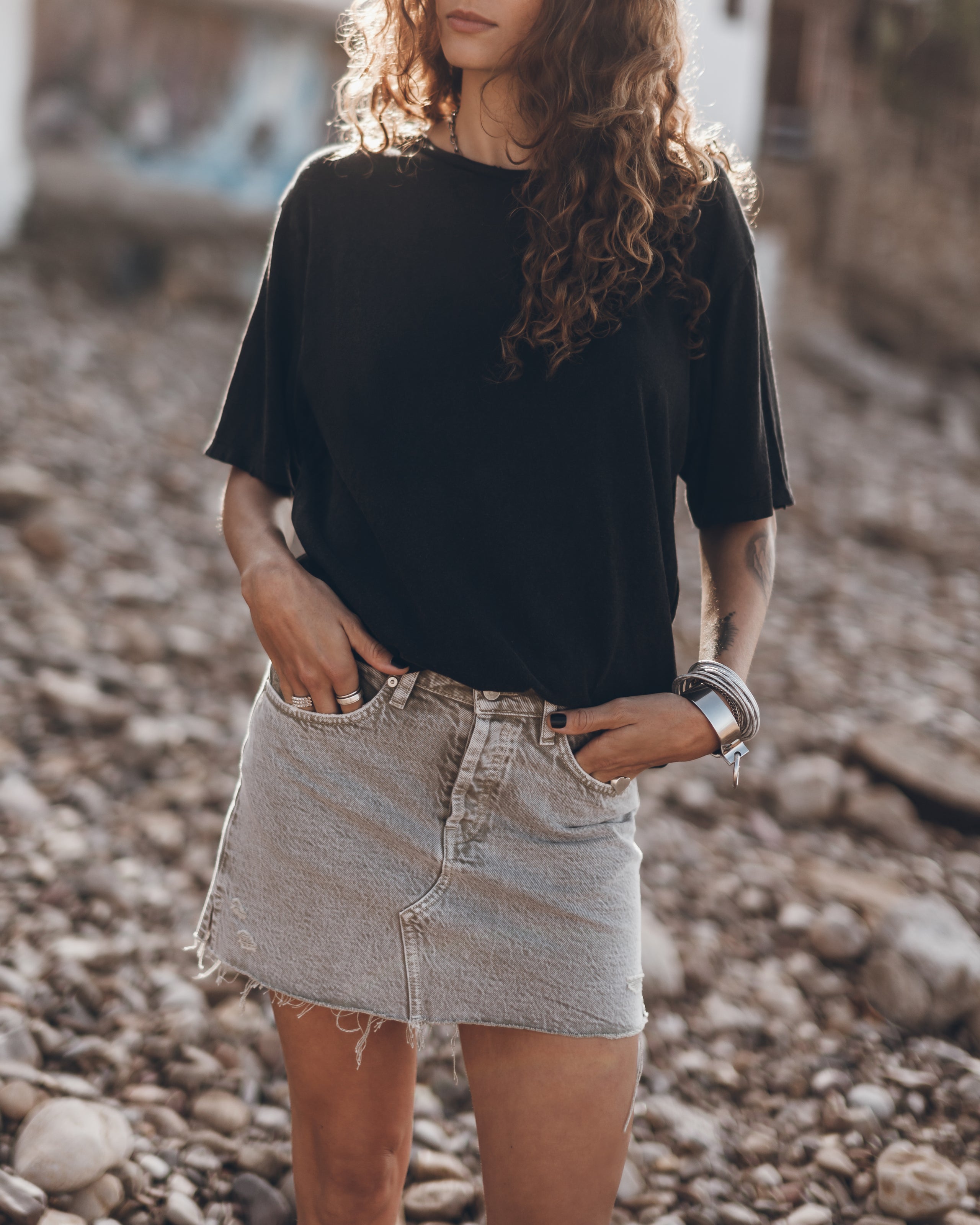 The Khaki Faded Slit Denim Skirt