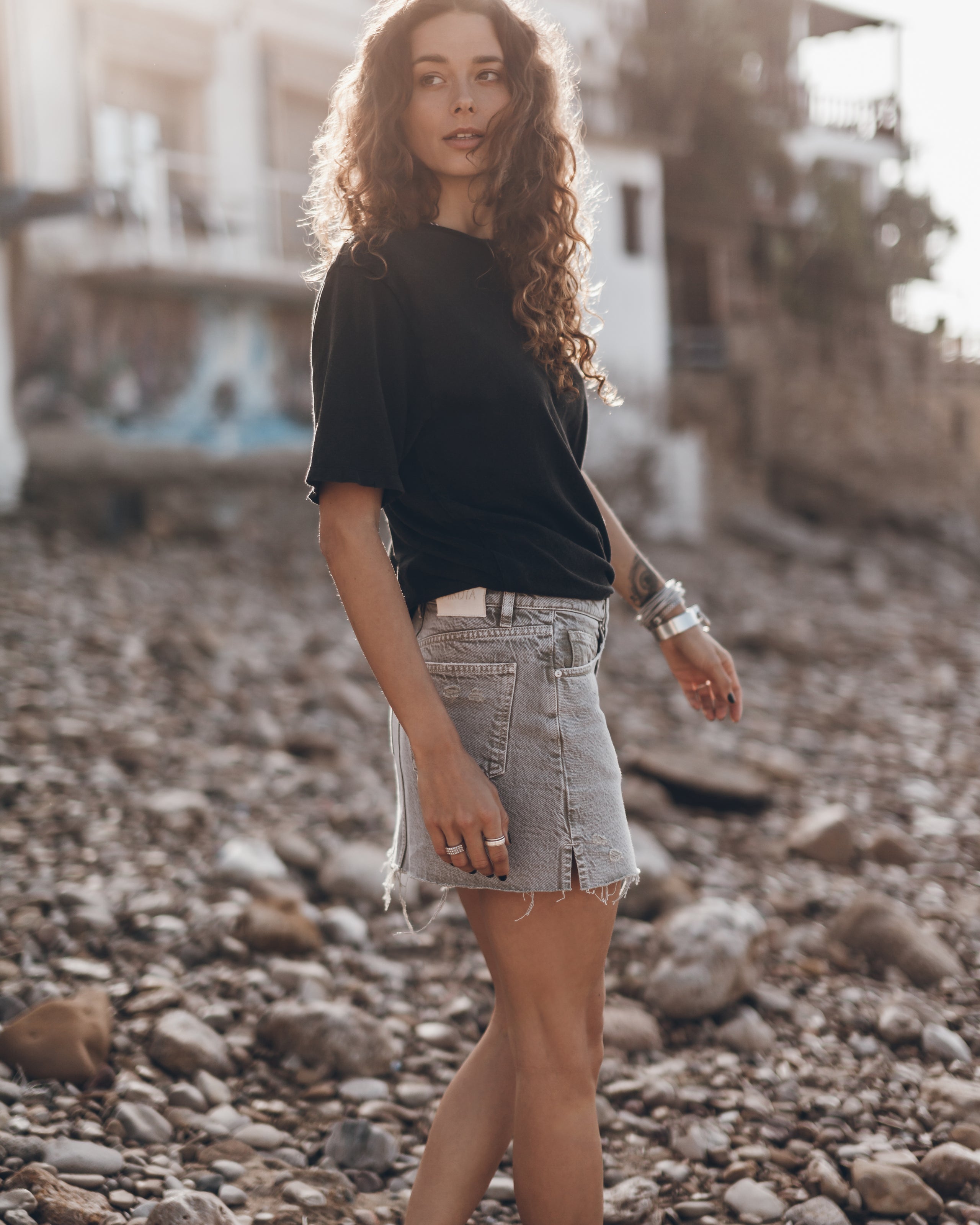The Khaki Faded Slit Denim Skirt