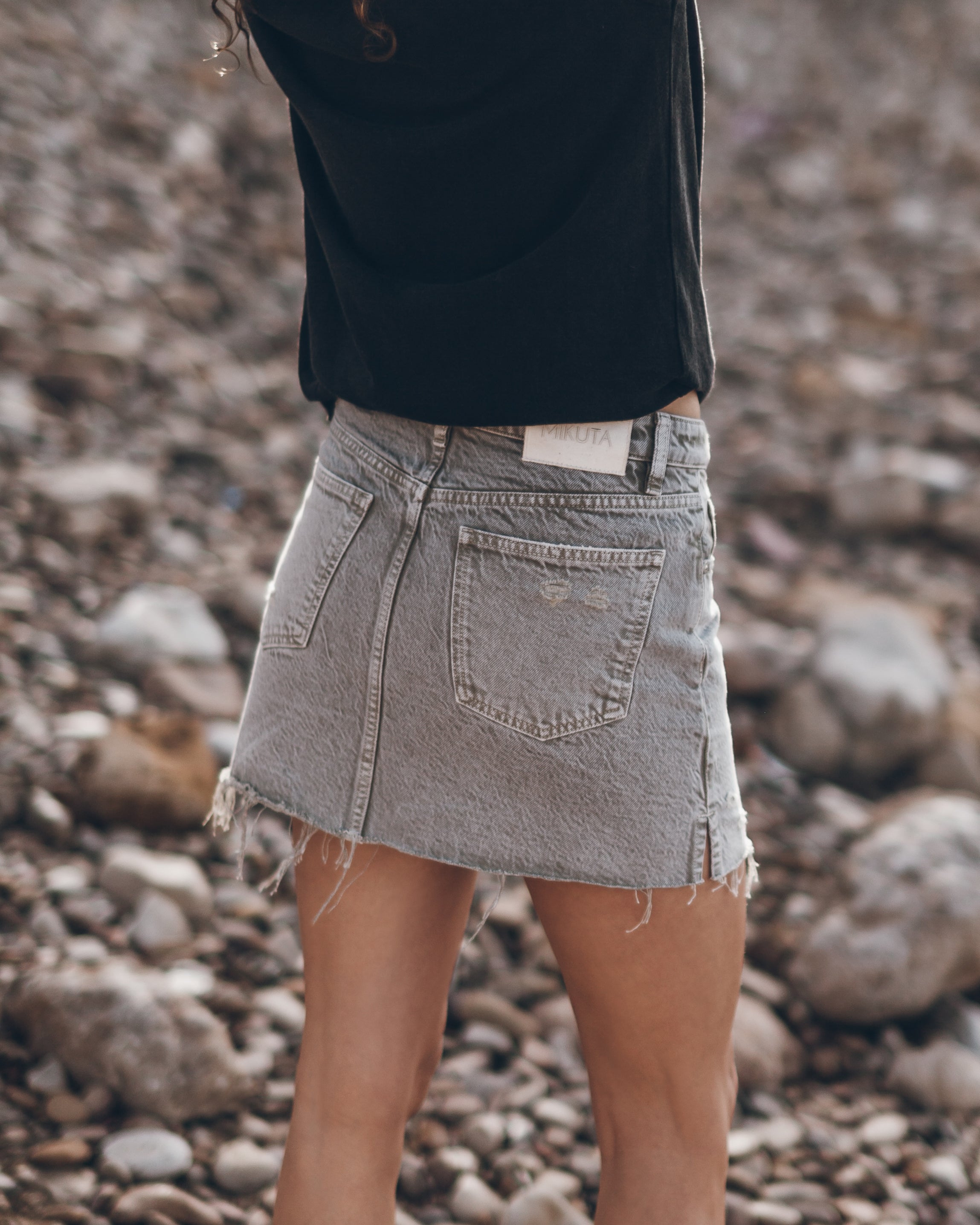 The Khaki Faded Slit Denim Skirt