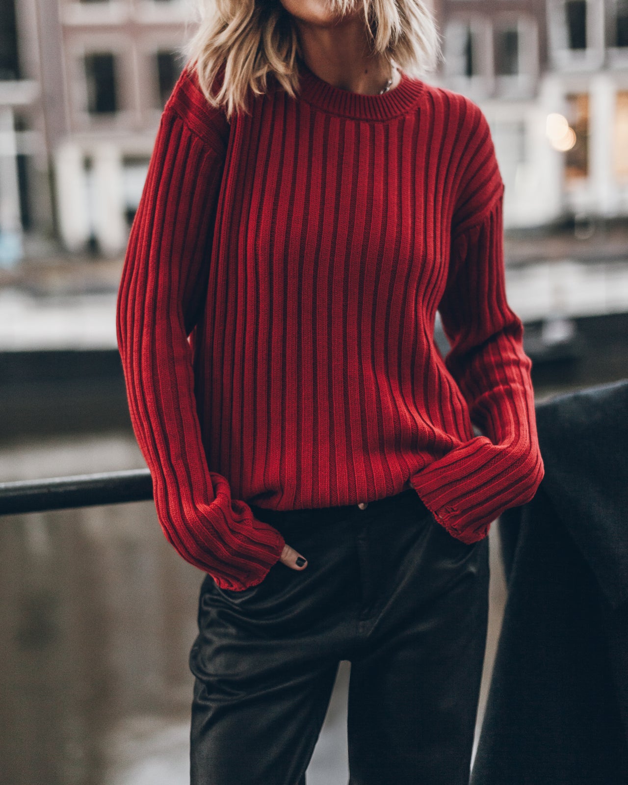 Red Destroyed Knitted Sweater Straight Leather Pants - Product photo