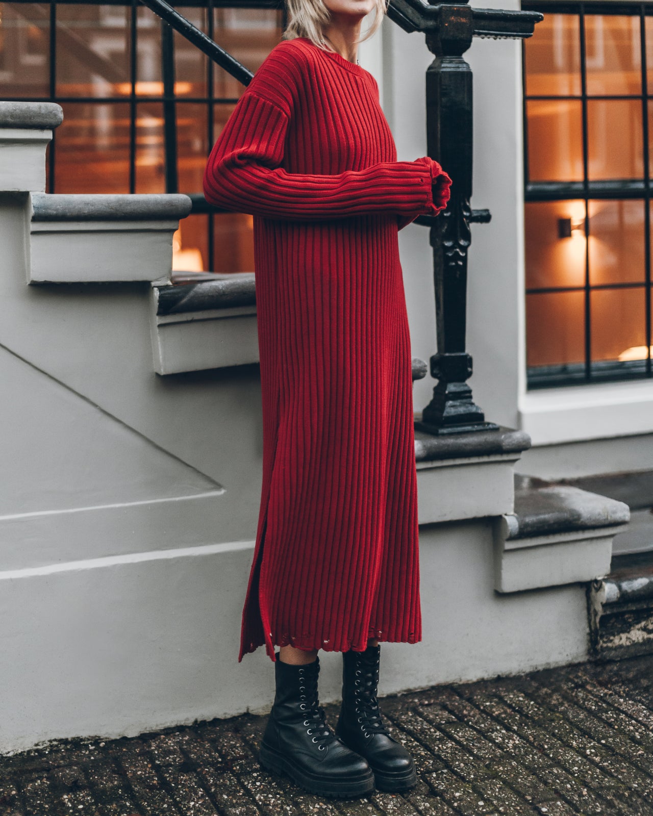 Red Knit Longsleeve Dress Black Laced Leather Boots - Product photo