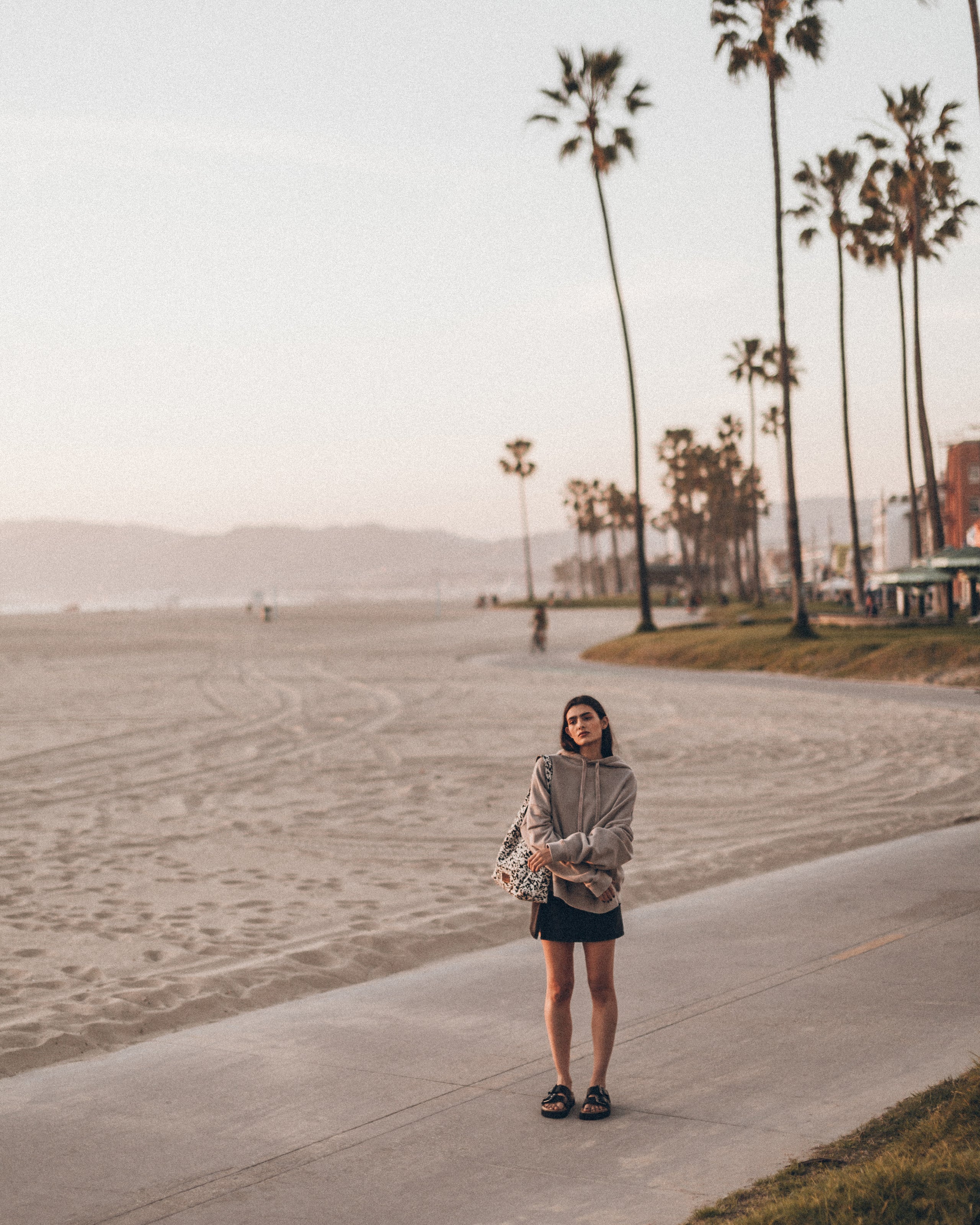Person standing on a beach promenade with palm trees in the background