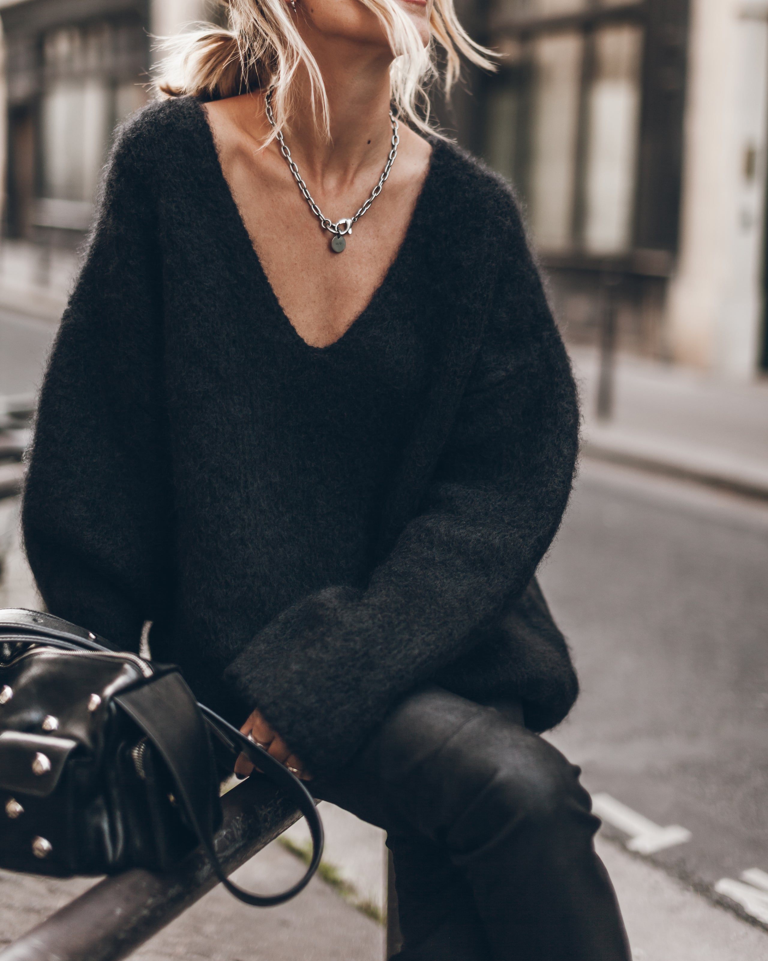 The Black Deep V Mohair Knitted Sweater