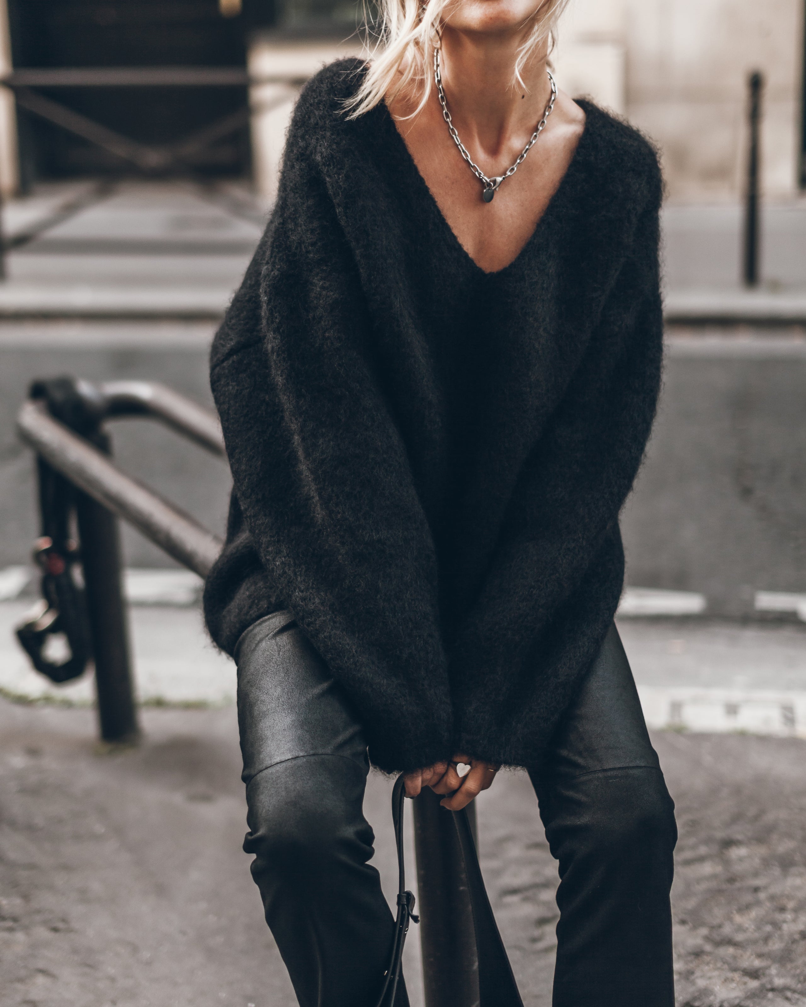 The Black Deep V Mohair Knitted Sweater