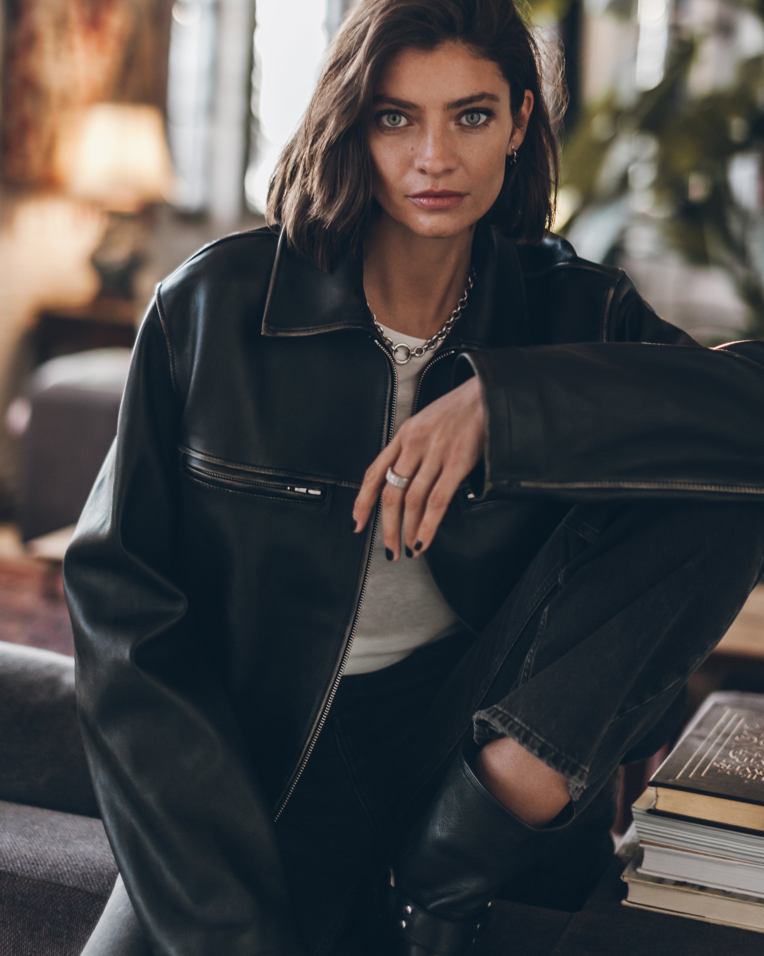 The Black Faded Straight Leather Jacket The Light Thin Sheer Longsleeve The Black Loose Jeans The...