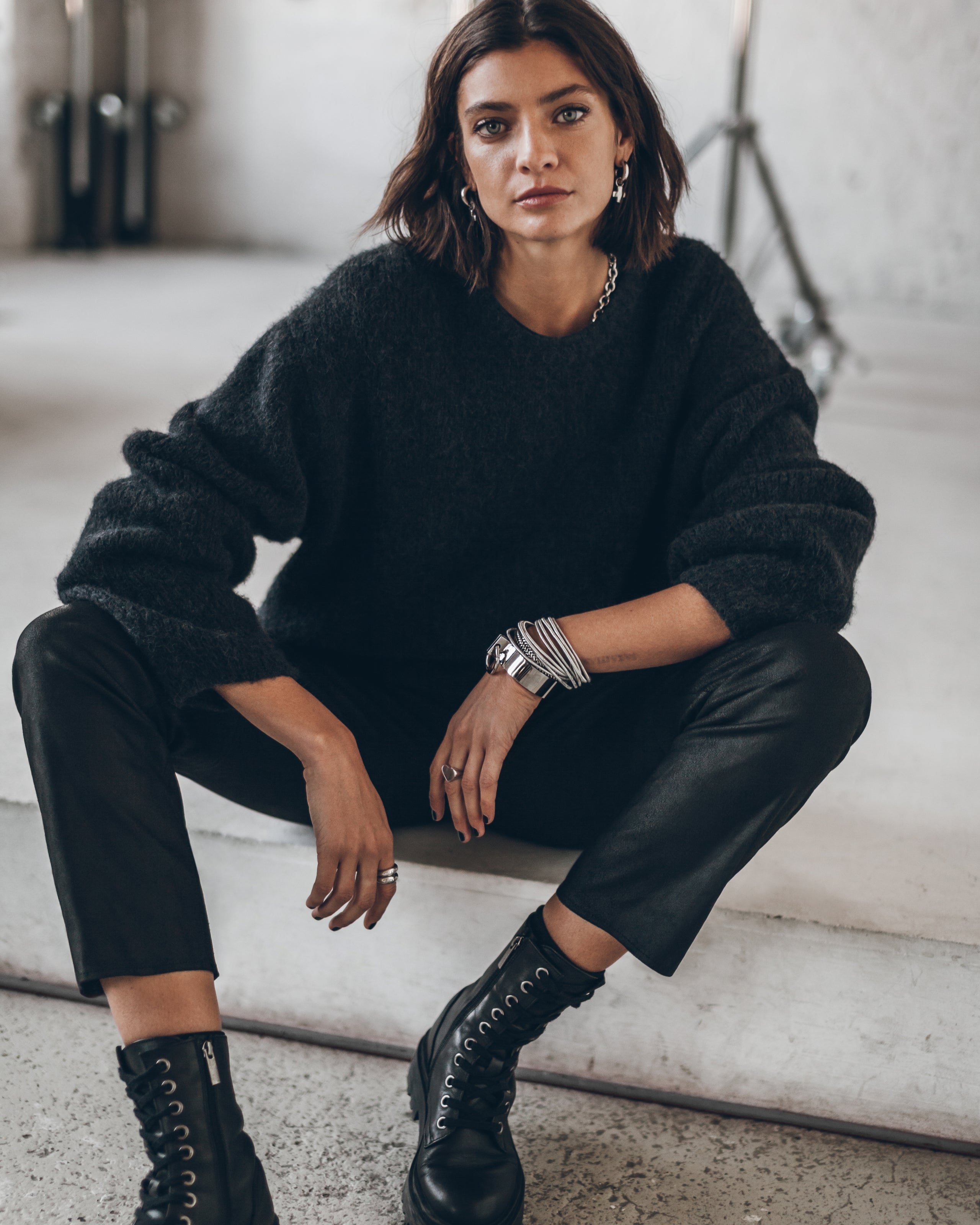The Black Fluffy Alpaca Knit Sweater The Black Cropped Leather Pants The Black Laced Leather Boot...