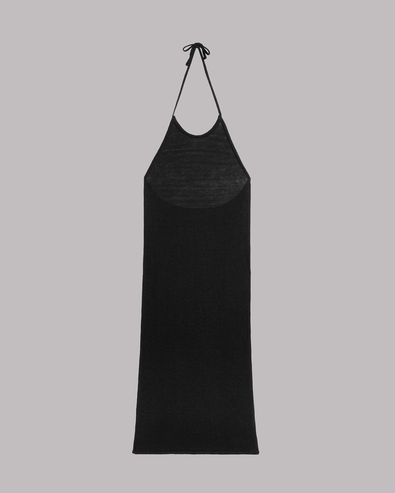 Black halter-neck backless dress on a light gray background.