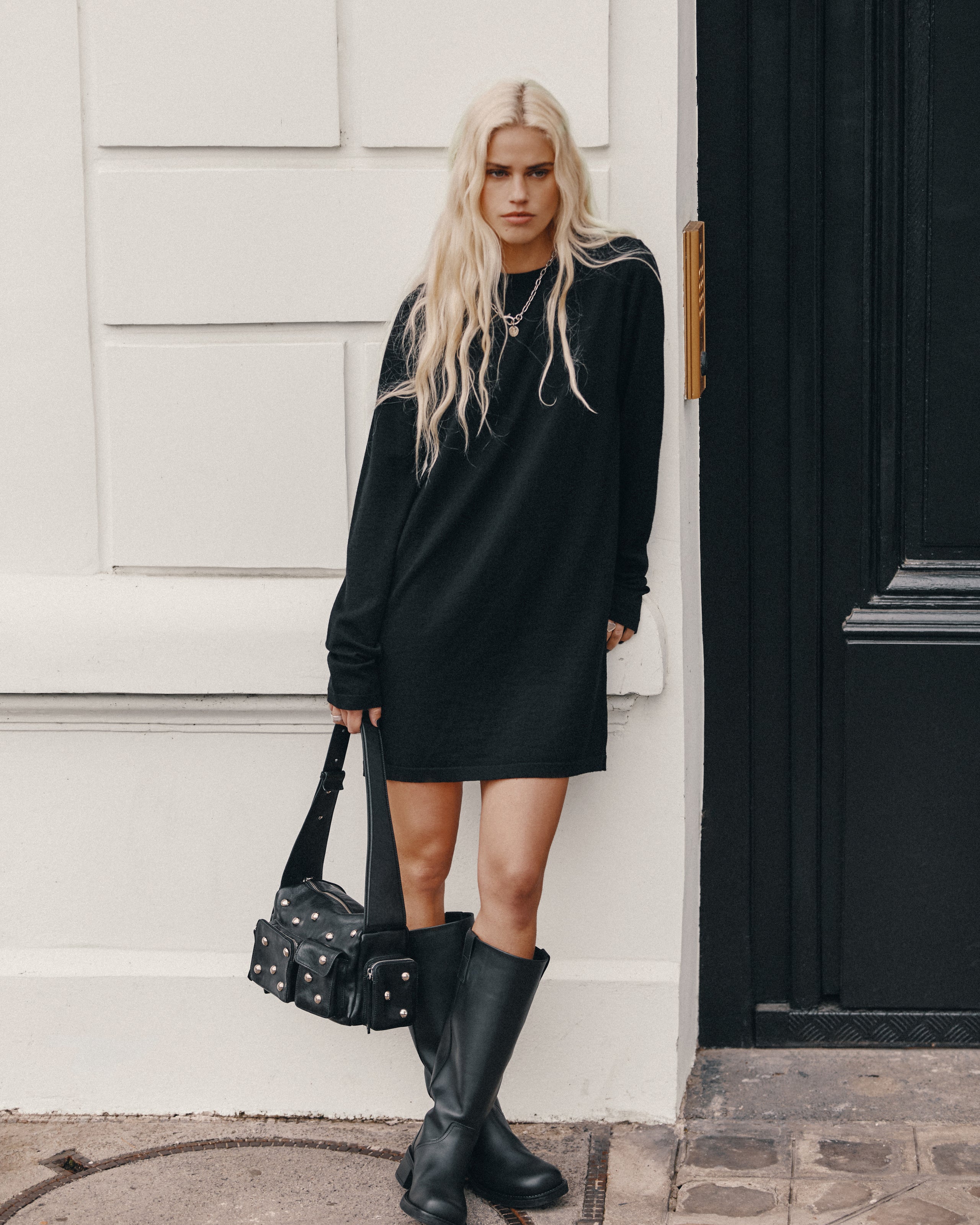 The Black Knit Short Longsleeve Dress