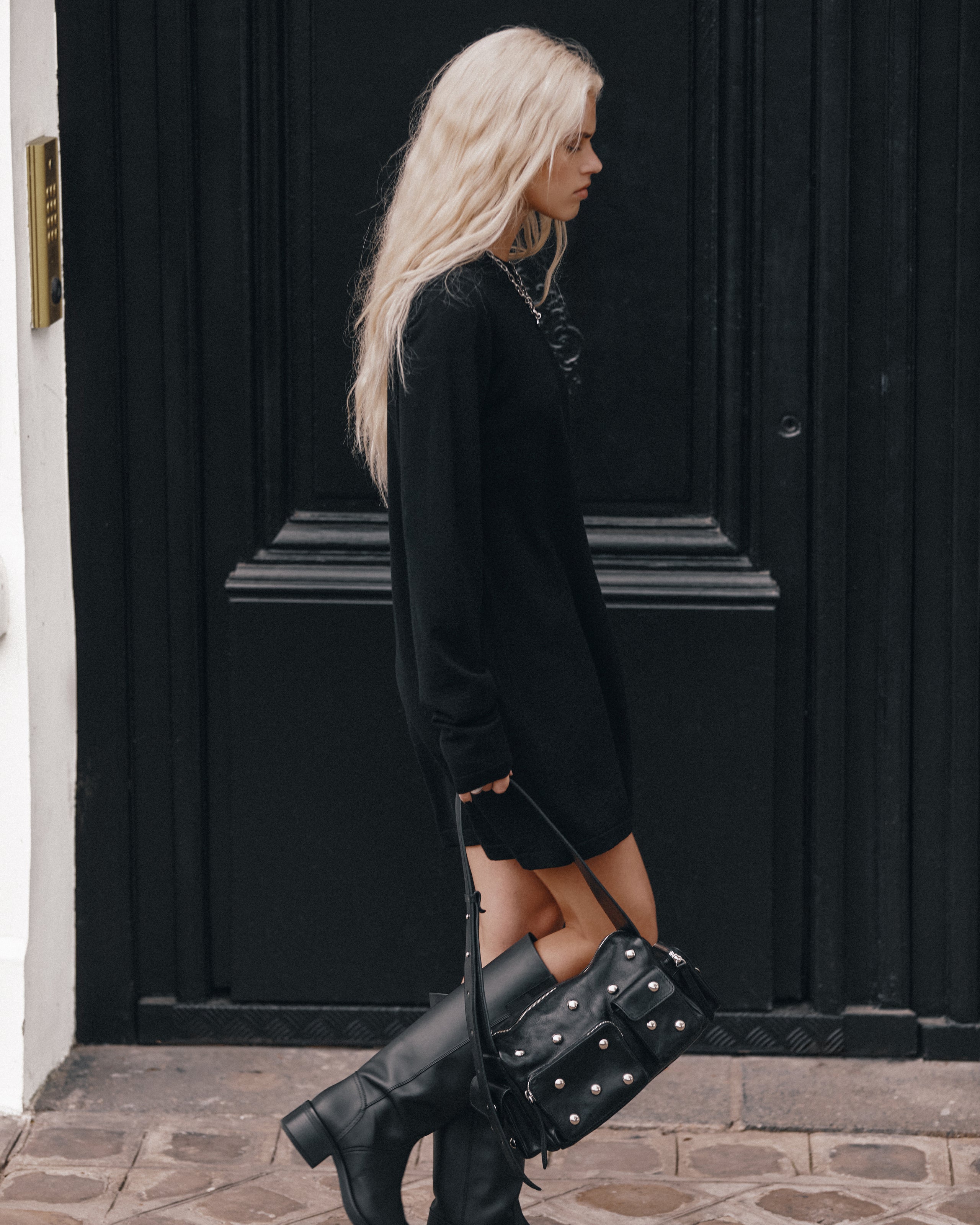 The Black Knit Short Longsleeve Dress