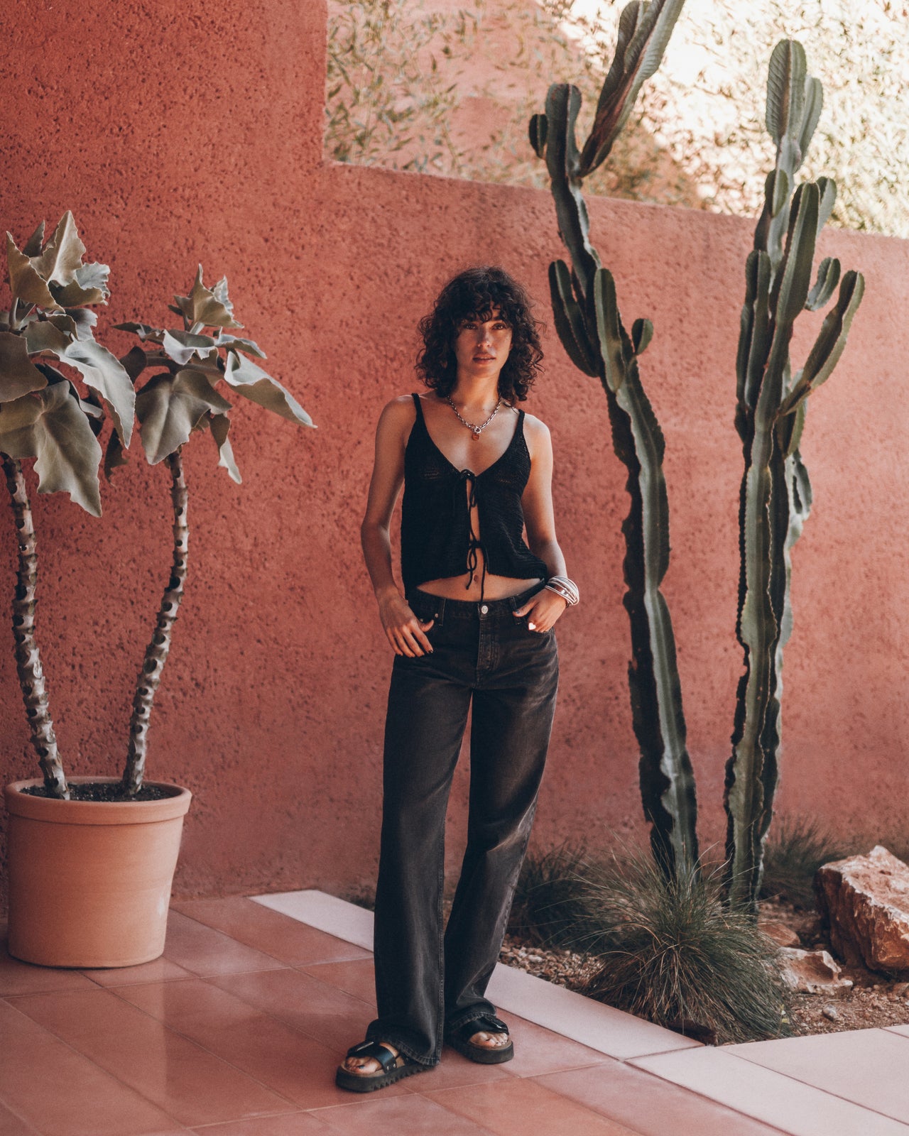 Person standing in front of a pink wall with cacti and plants