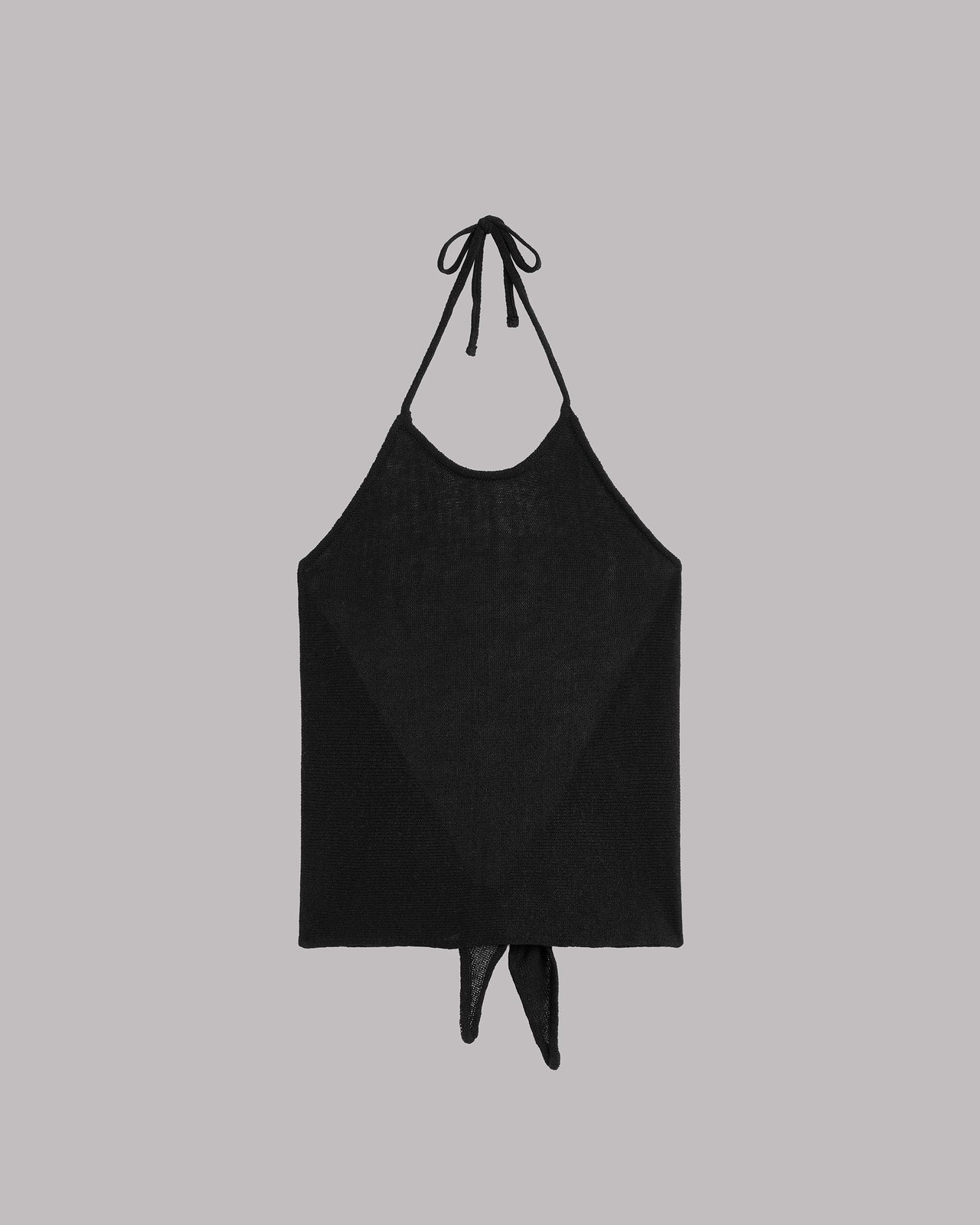 Black halter top on a light gray background