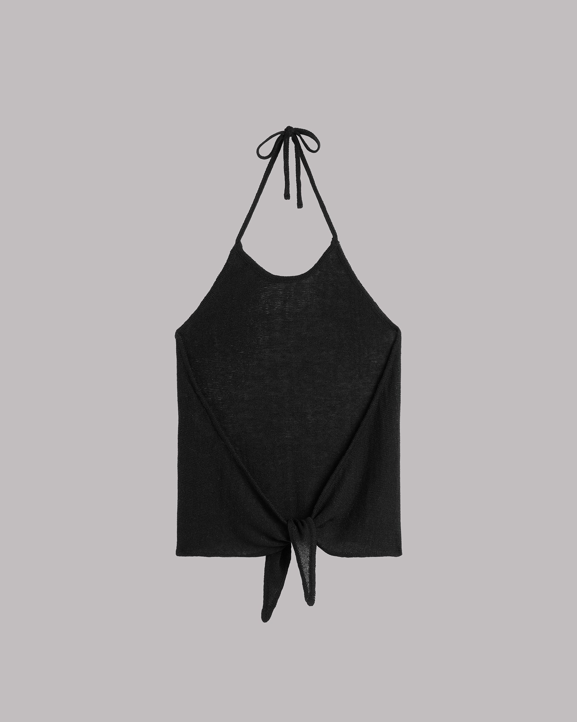 Black halter top with back tie details on a gray background.