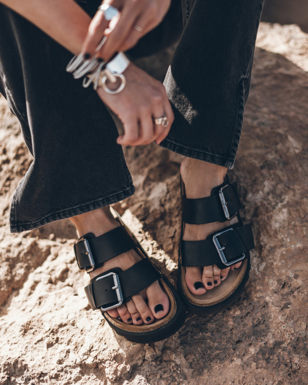 The Black Leather Buckle Sandals