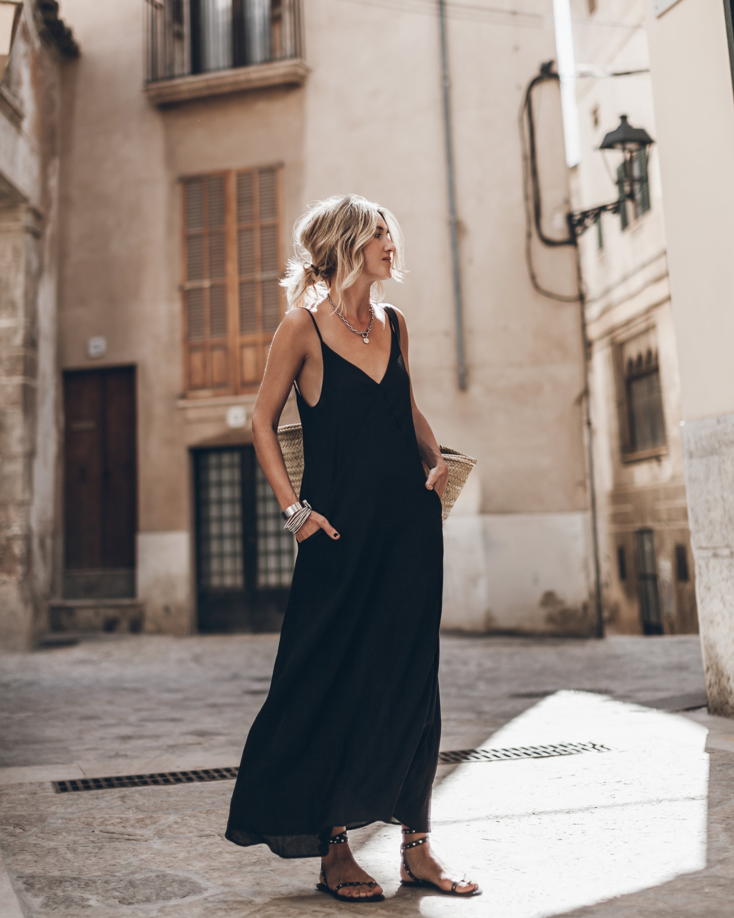 The Black Long Crinkle Dress The Black Thin Studded Leather Sandals - Product photo