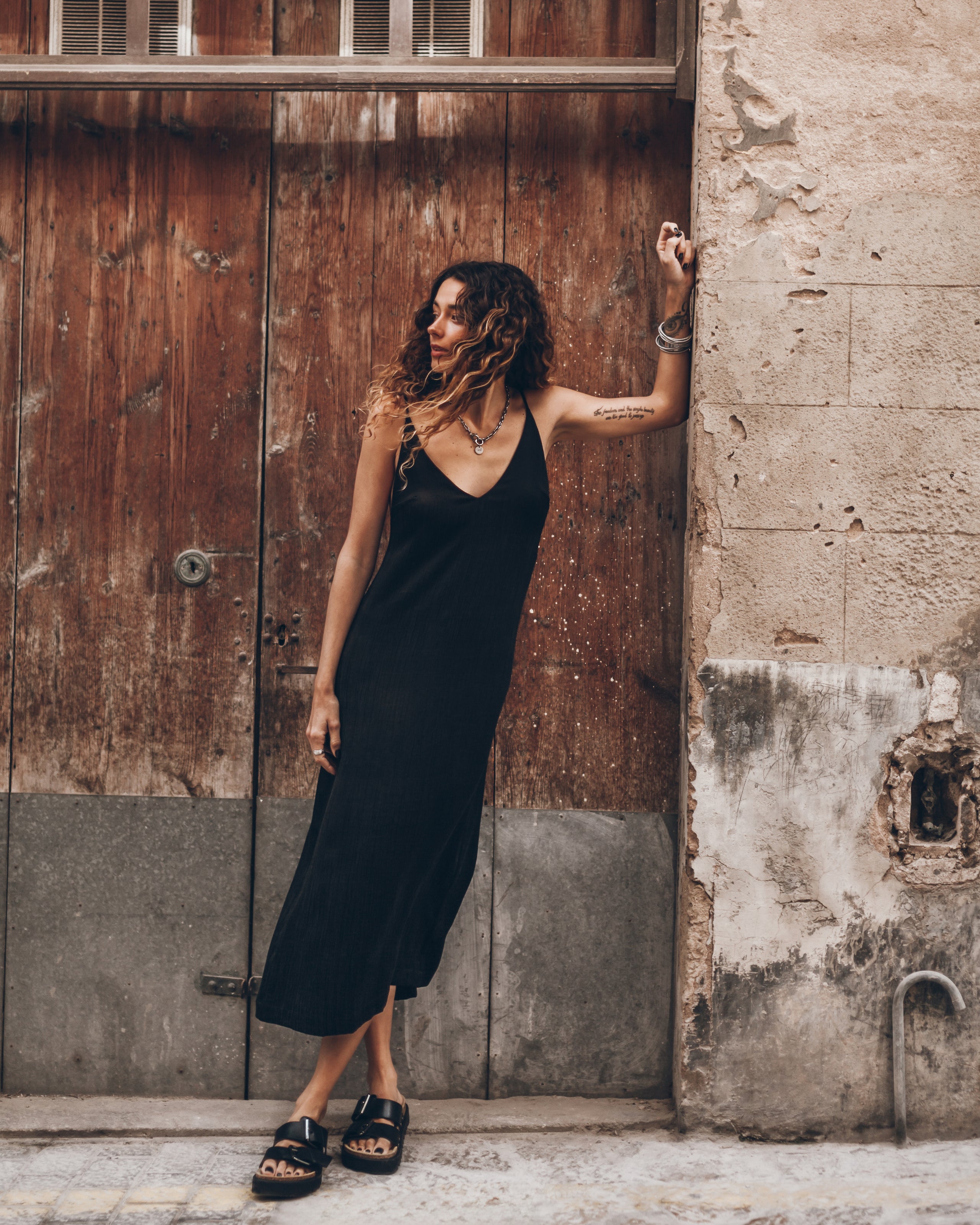 The Black Long Lyocell Slip Dress