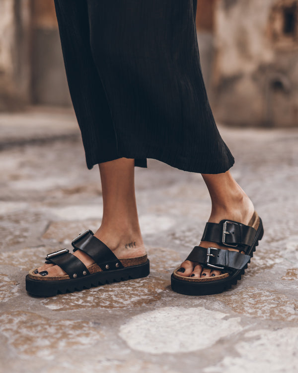 Black leather buckle sandals with slip dress - summer footwear styling