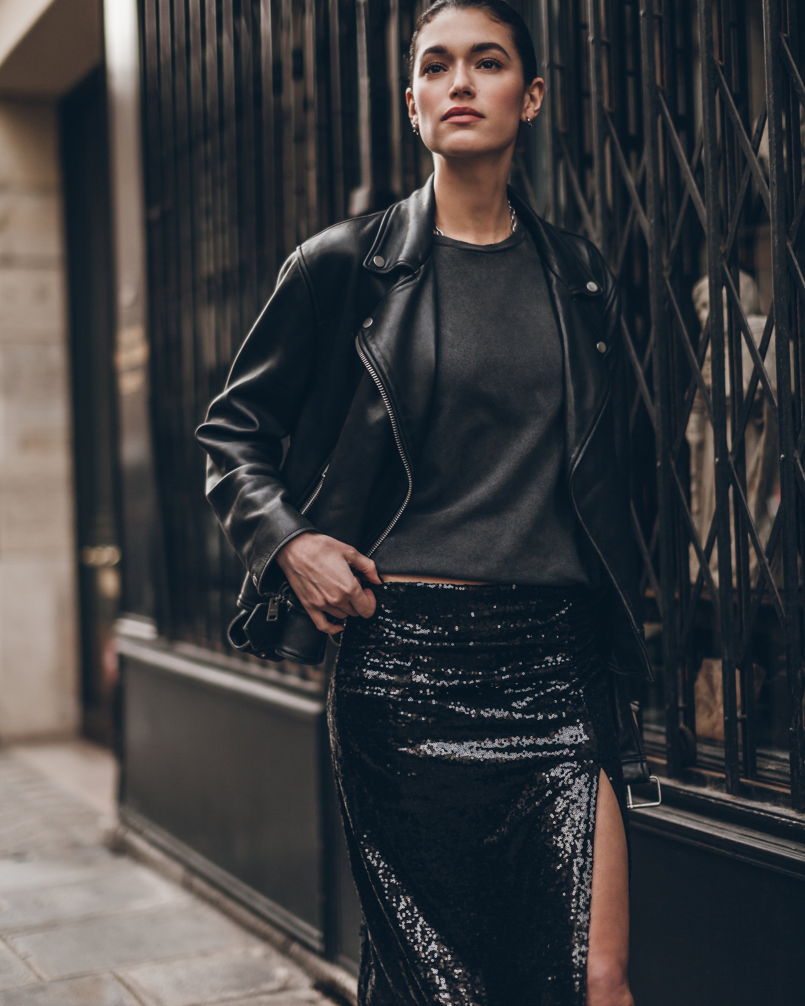 The Black Long Slit Sequin Skirt
