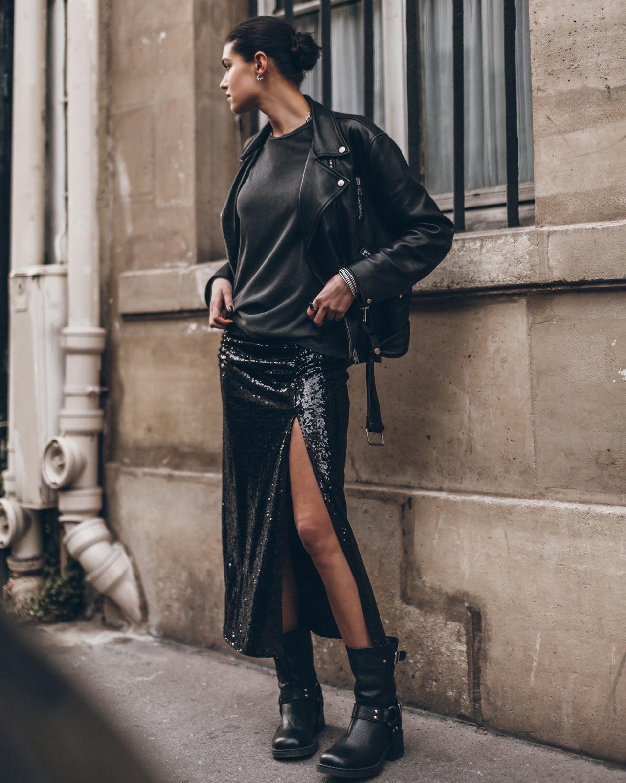 The Black Long Slit Sequin Skirt