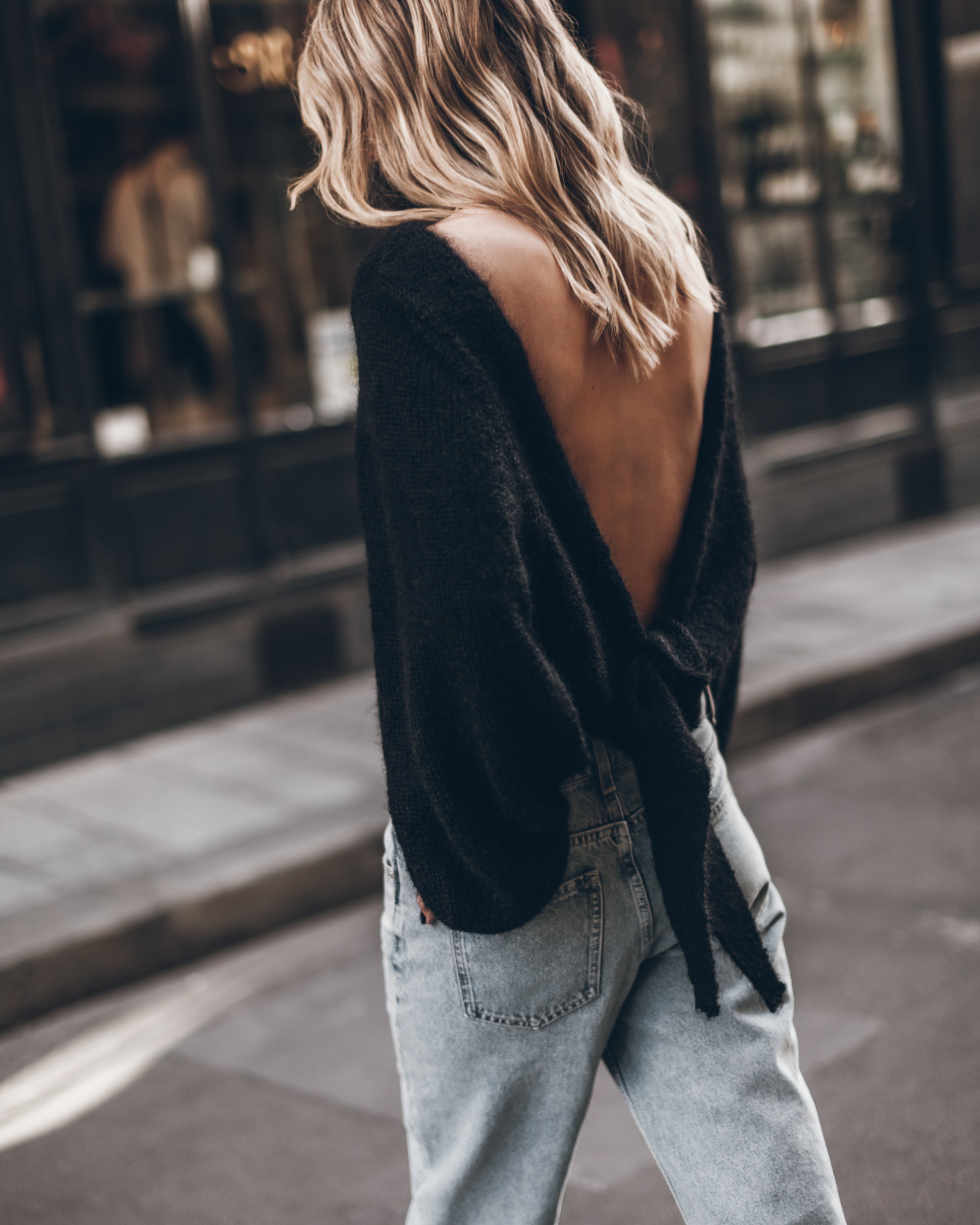 The Black Low Back Knotted Knit Sweater