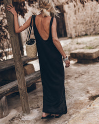 The Black Low Back Linen Tank Dress